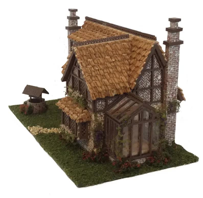 1:144 Scale Dollhouse KIT Tiny German Tudor w/ Greenhouse and Grass 5 Room Home - Image 6