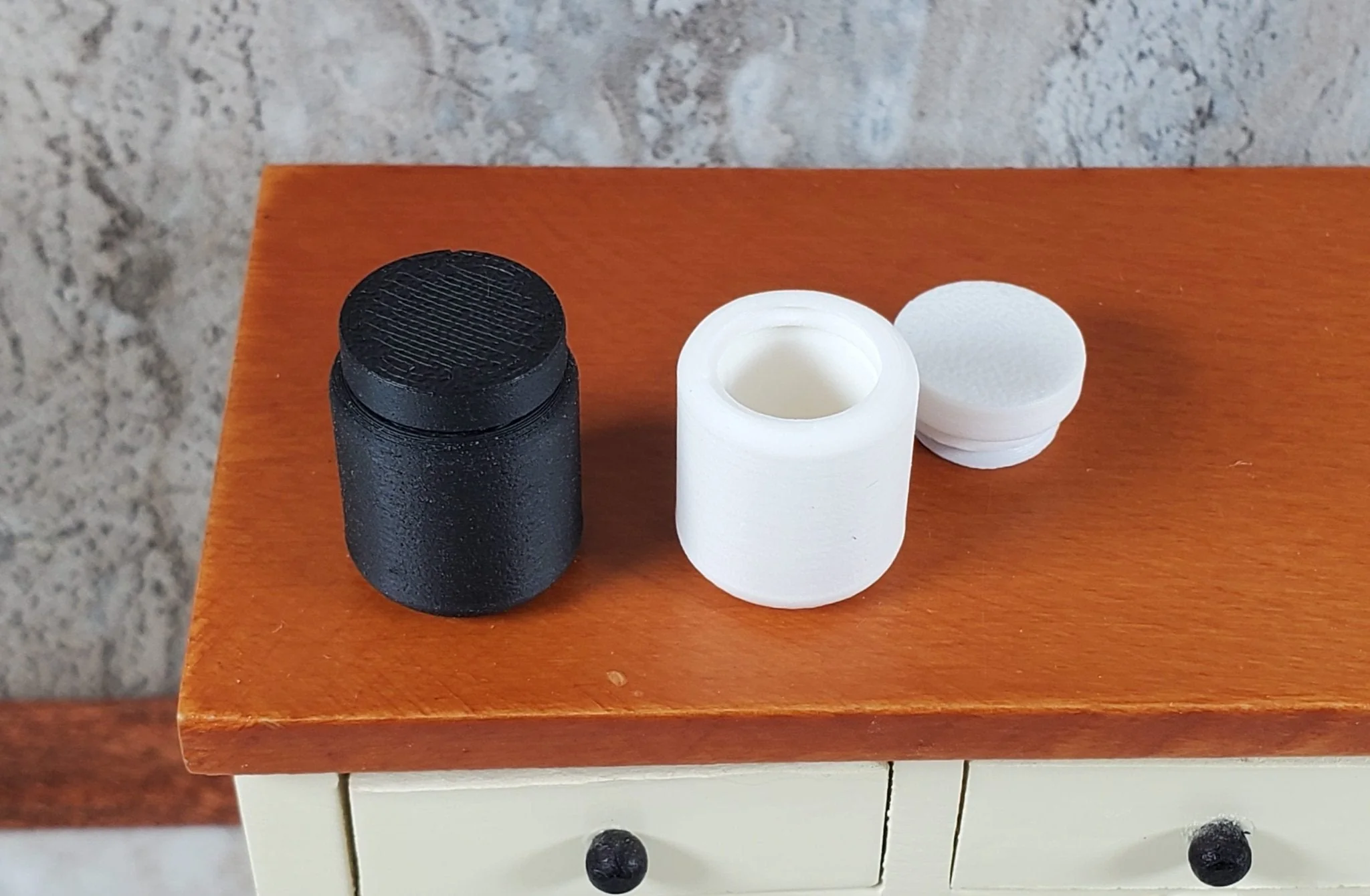 2 Miniature Jars Black & White Short Modern Dollhouse 1:12 Interchangeable Lids - Image 3
