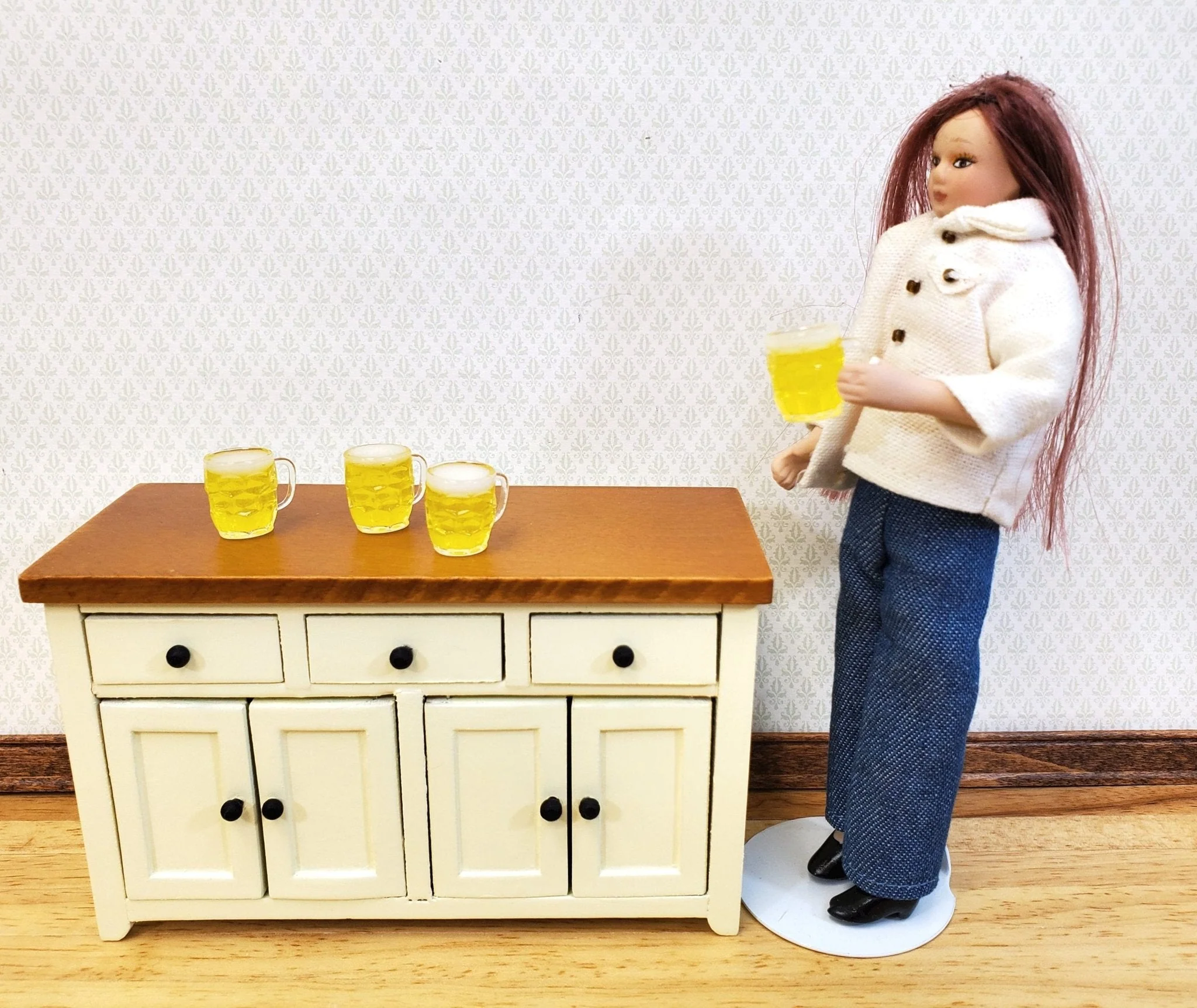 4 Dollhouse Mugs of Beer Ale with Foamy Head Use in 1:12 or 1/6 Scale Miniatures - Image 3