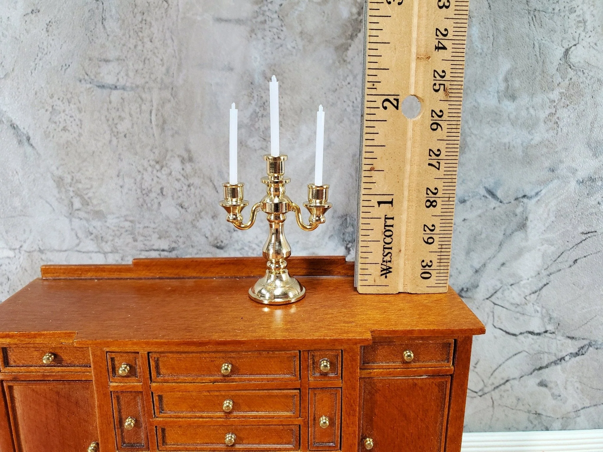 Dollhouse 3 Arm Candelabra Gold Metal 1:12 Scale Miniature Candle Holder - Image 3