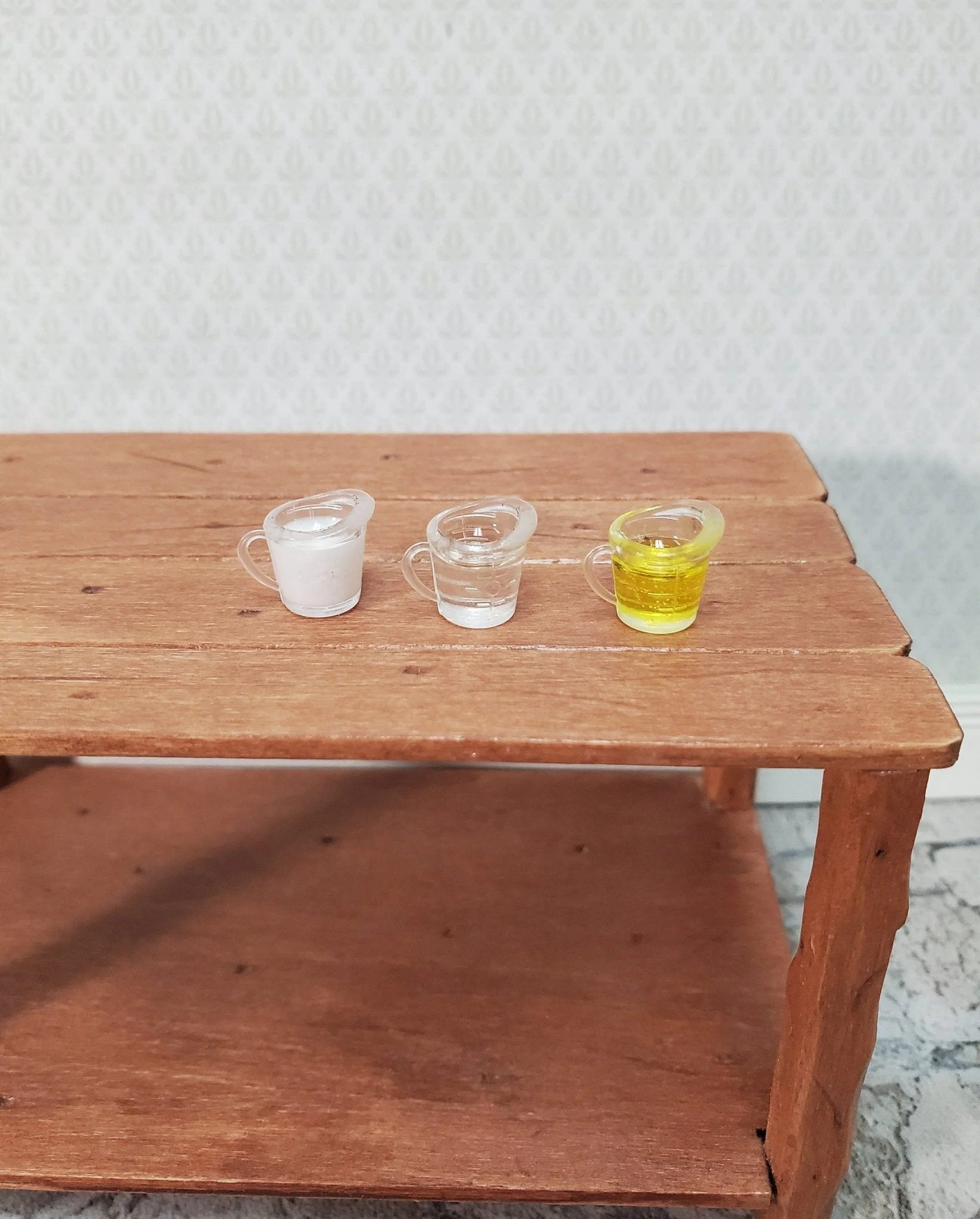 Dollhouse 3 Filled Measuring Cups Milk Water Oil 1:12 Scale Miniature Kitchen Food Groceries - Image 2