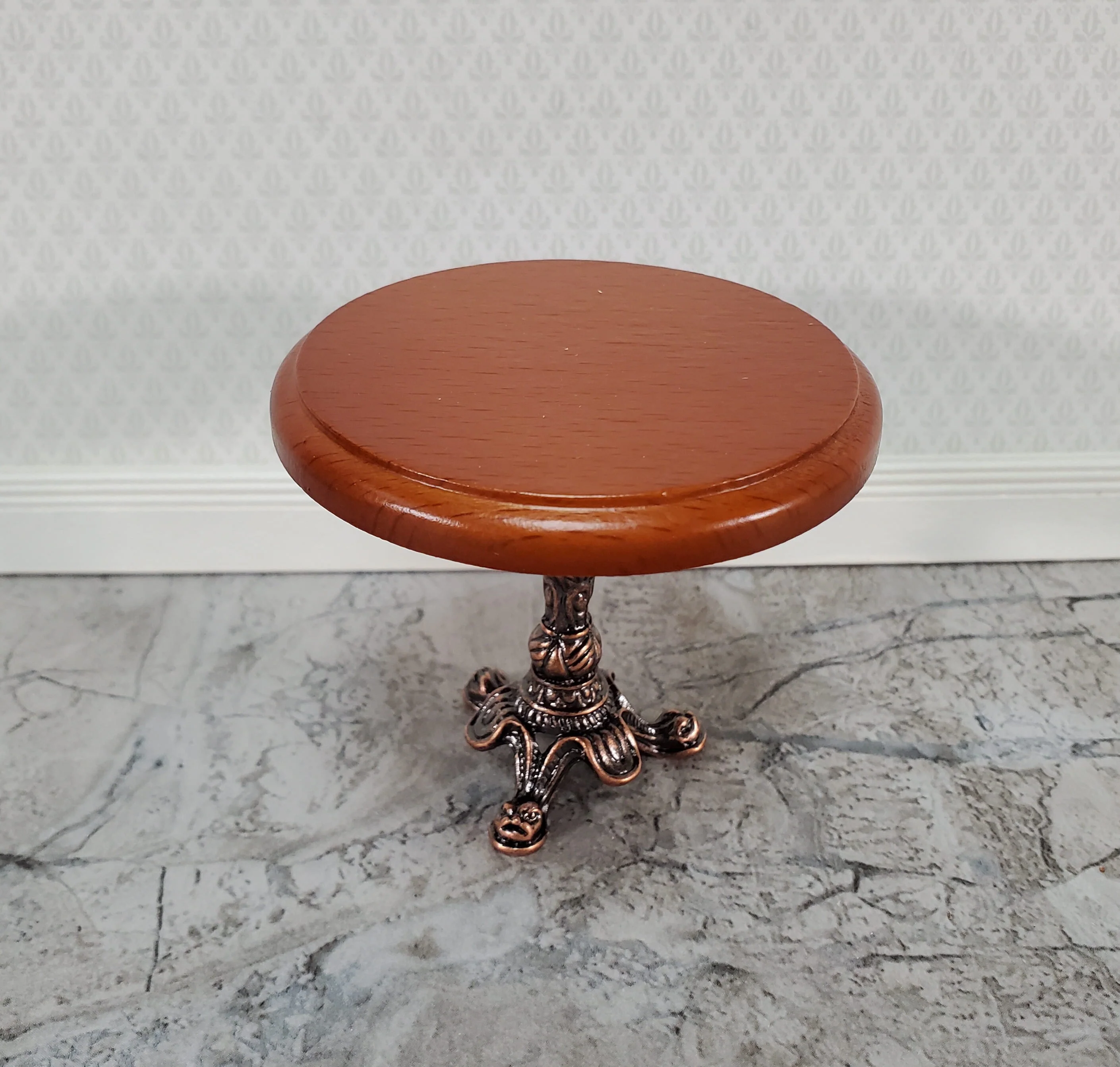 Dollhouse Accent Table with Metal Base Walnut Top Small Round 1:12 Scale Miniature - Image 2