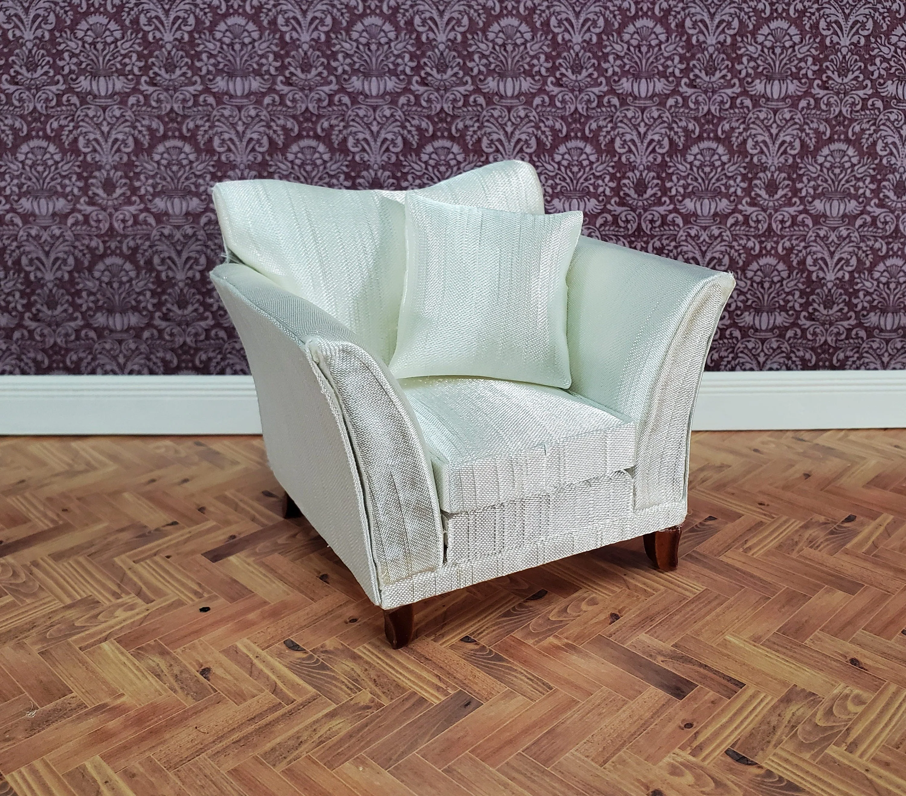 Dollhouse Arm Chair Cream Faux Silk with Cushion 1:12 Scale Miniature Furniture