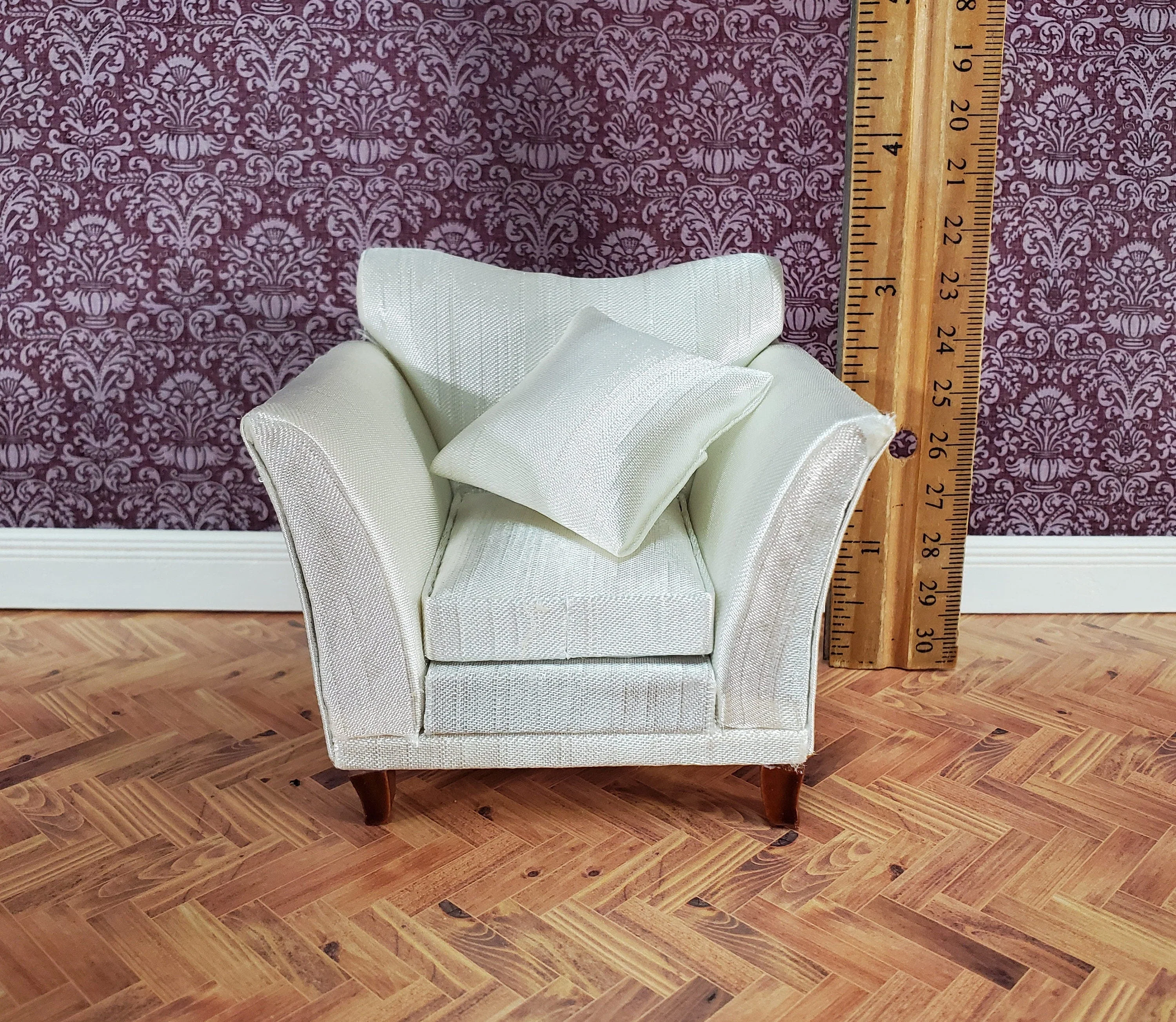 Dollhouse Arm Chair Cream Faux Silk with Cushion 1:12 Scale Miniature Furniture - Image 5