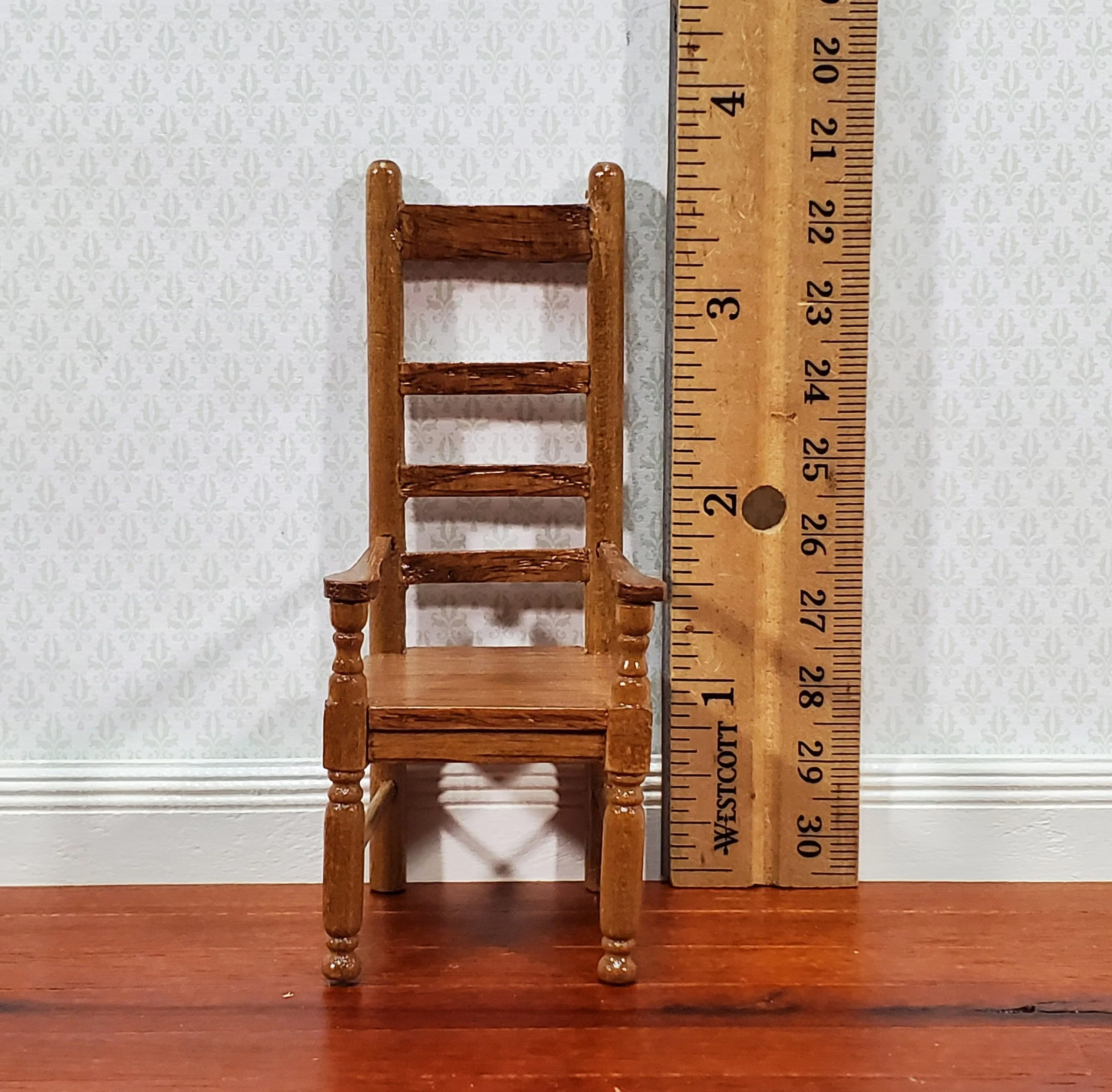 Dollhouse Arm Chair Ladderback Style Narrow Slim Profile 1:12 Scale Walnut Finish - Image 3