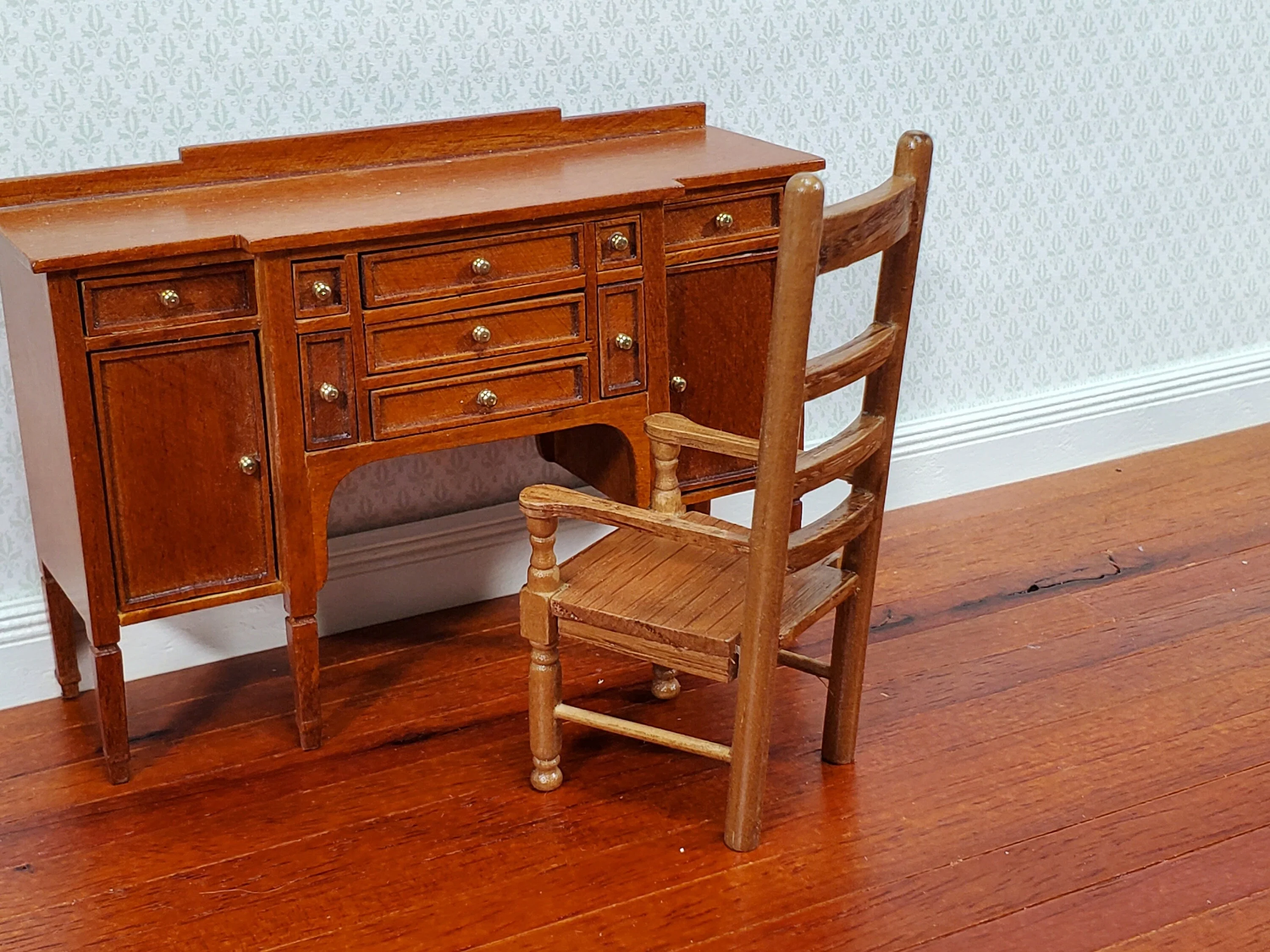 Dollhouse Arm Chair Ladderback Style Narrow Slim Profile 1:12 Scale Walnut Finish - Image 5