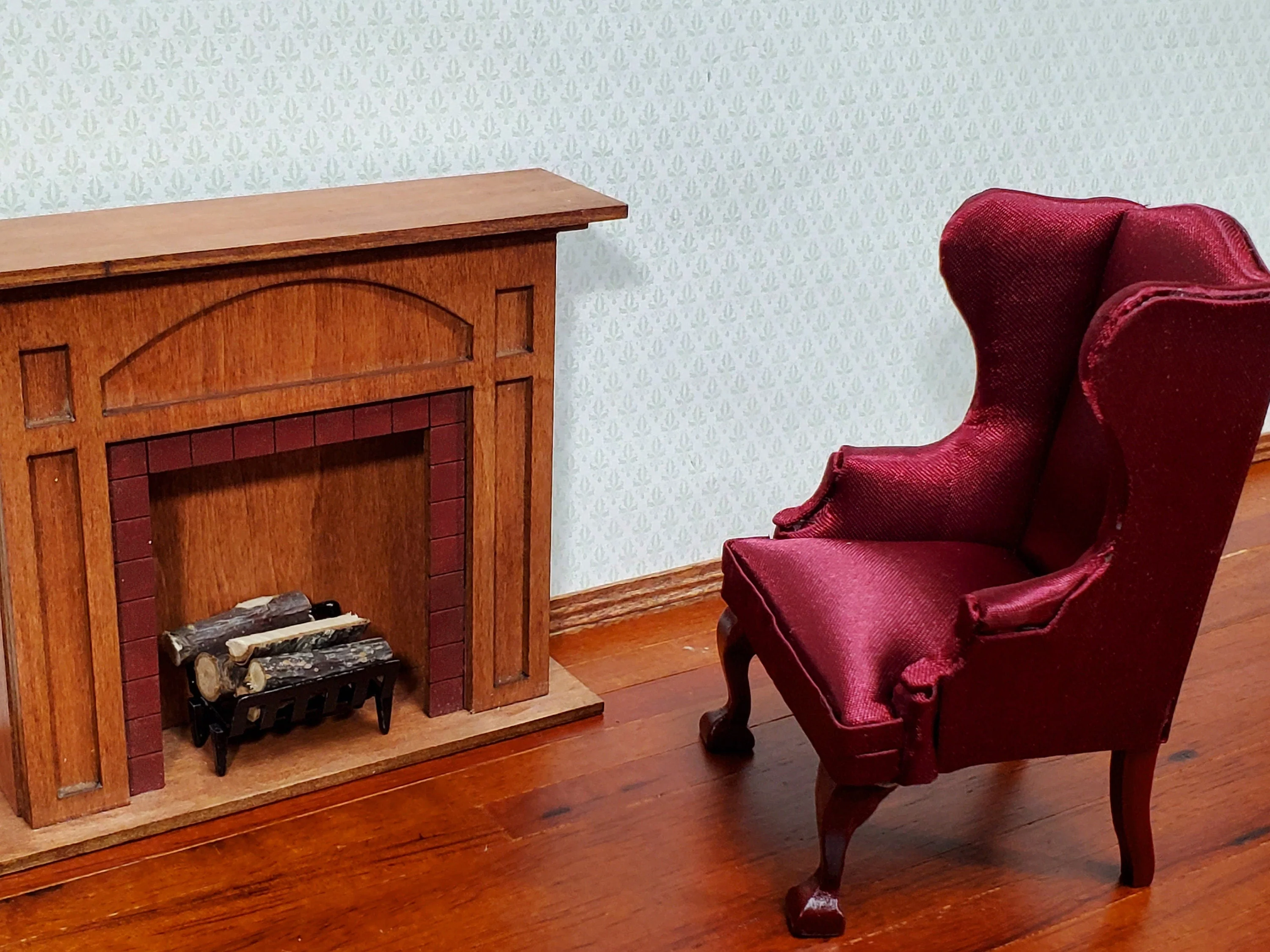 Dollhouse Arm Chair Wing Back Burgundy 1:12 Scale Miniature Furniture Living Room - Image 3