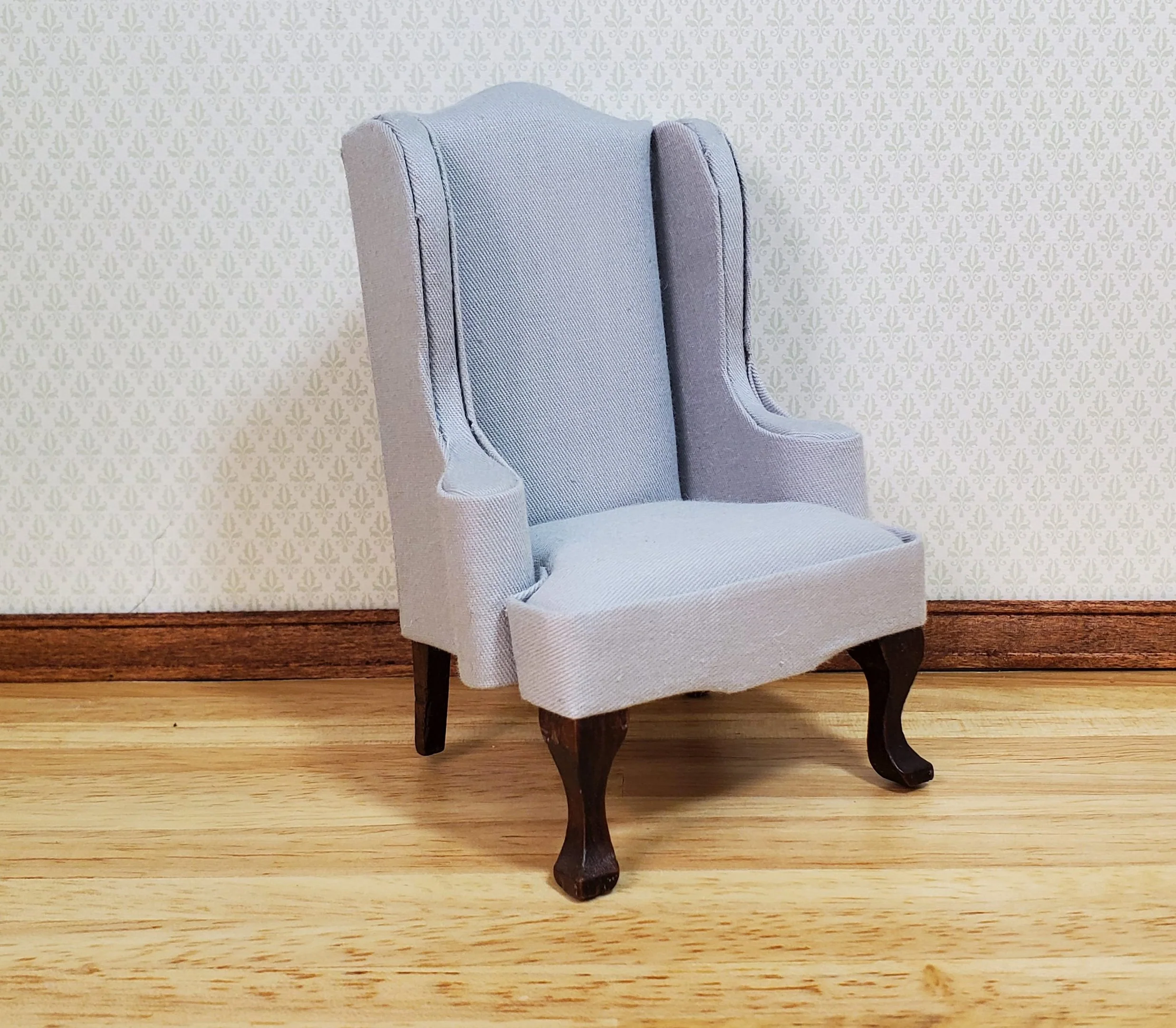 Dollhouse Arm Chair Wing Back Gray Fabric 1:12 Scale Miniature Furniture - Image 2