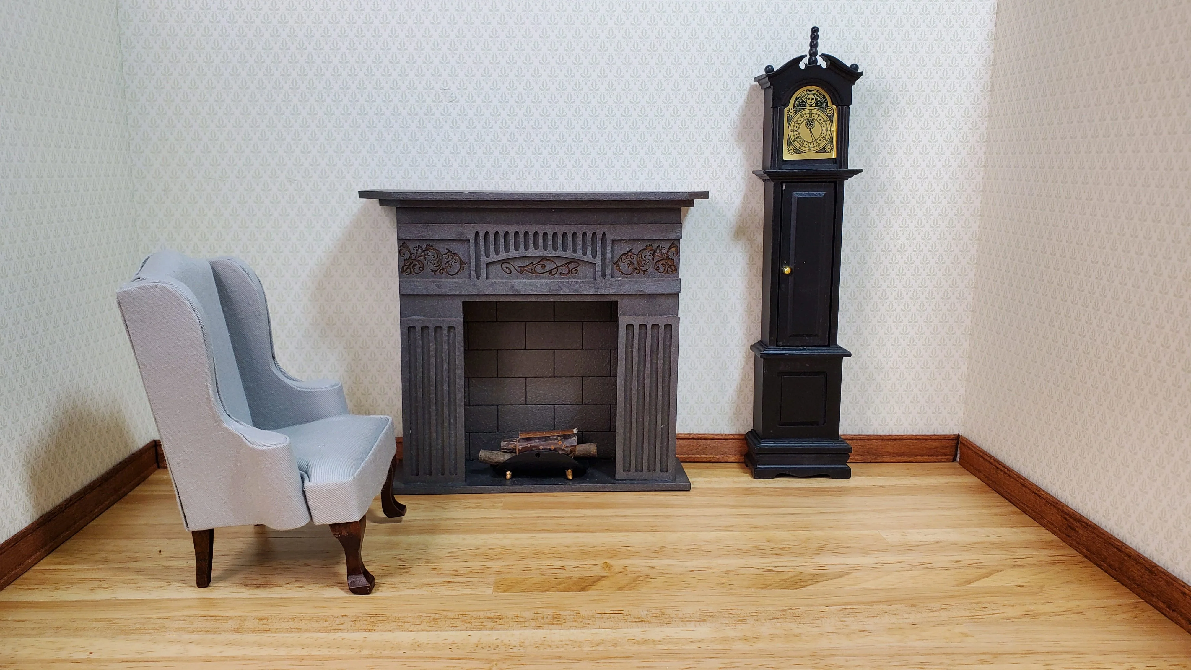 Dollhouse Arm Chair Wing Back Gray Fabric 1:12 Scale Miniature Furniture - Image 3