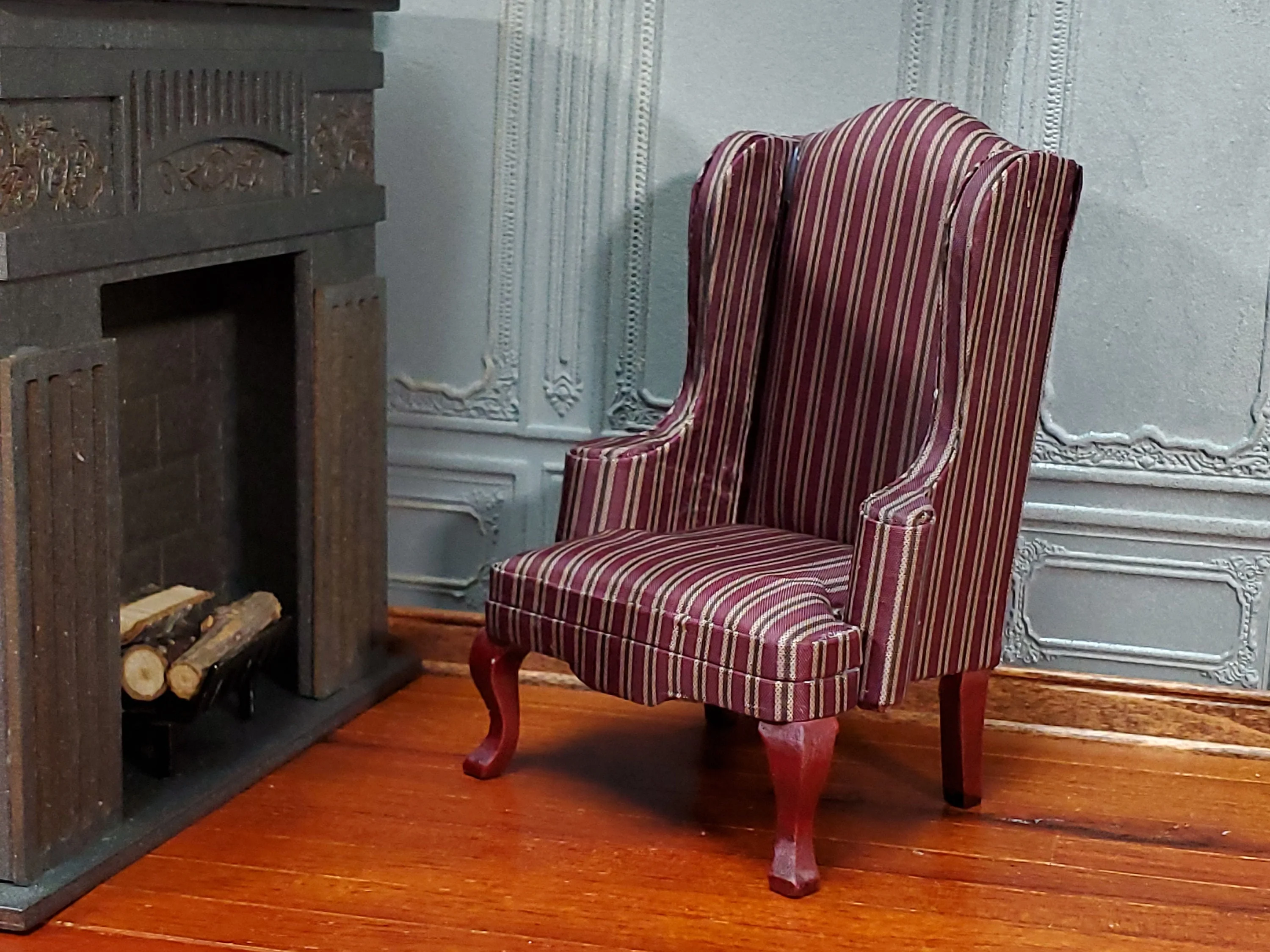 Dollhouse Arm Chair Wing Back Maroon Striped 1:12 Scale Miniature Furniture - Image 3