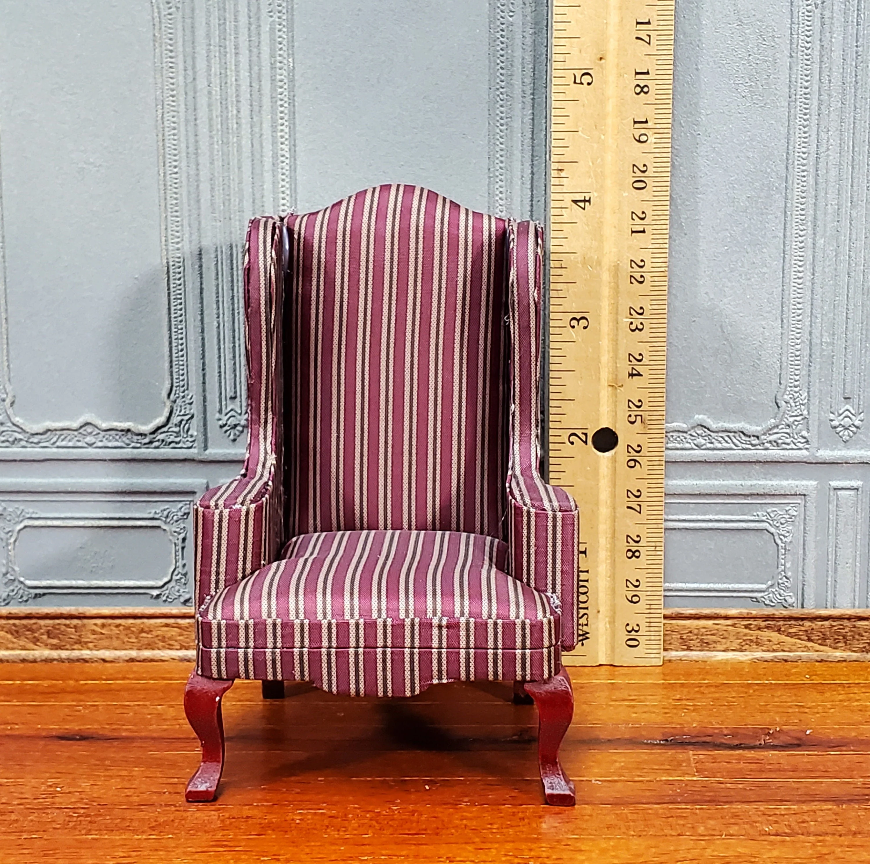 Dollhouse Arm Chair Wing Back Maroon Striped 1:12 Scale Miniature Furniture - Image 6