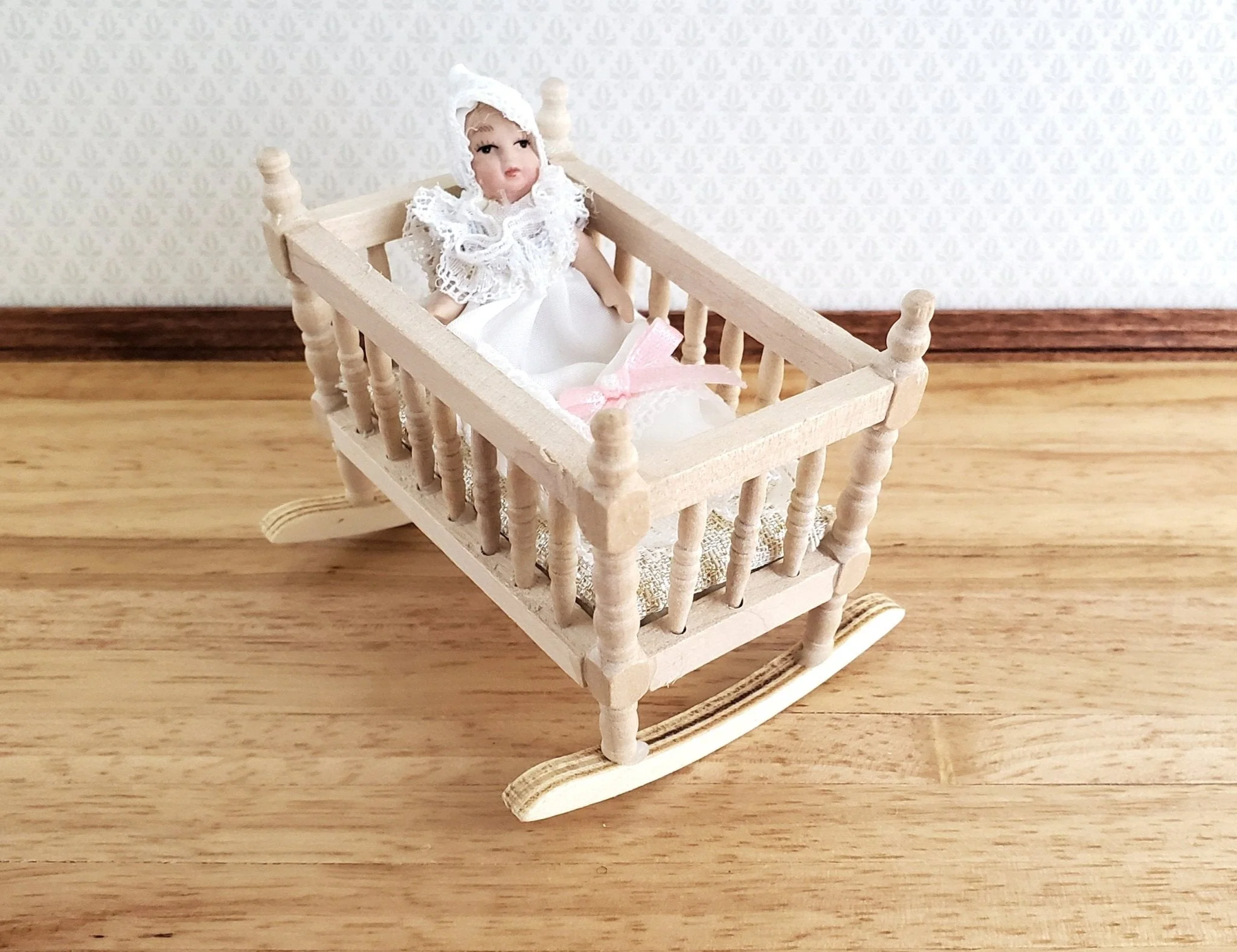 Dollhouse Baby Doll in Long White Gown Porcelain 1:12 Scale Miniature - Image 3