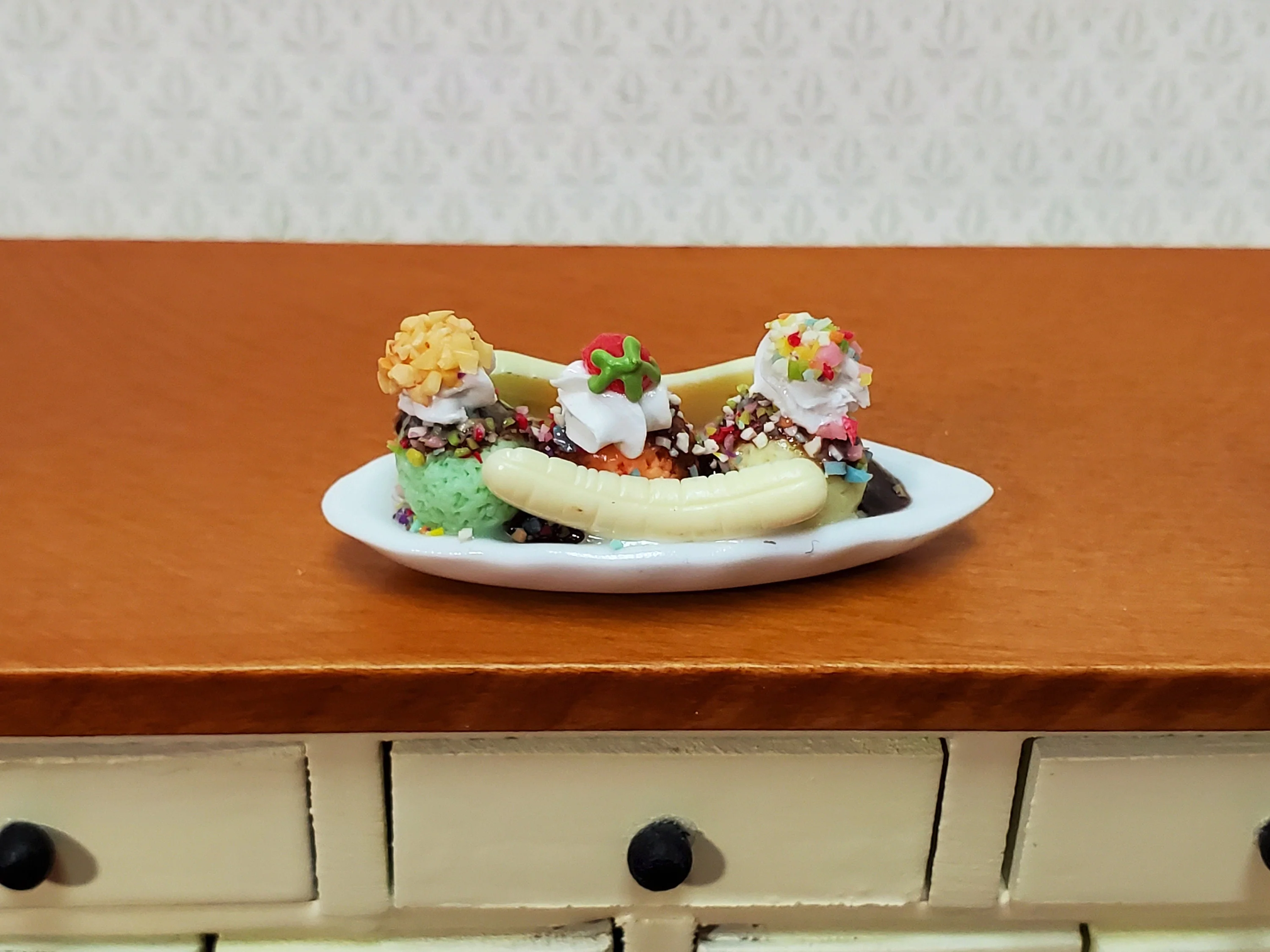 Dollhouse Banana Split Ice Cream Sundae 3 Scoops LARGE Miniature Dessert Food - Image 2