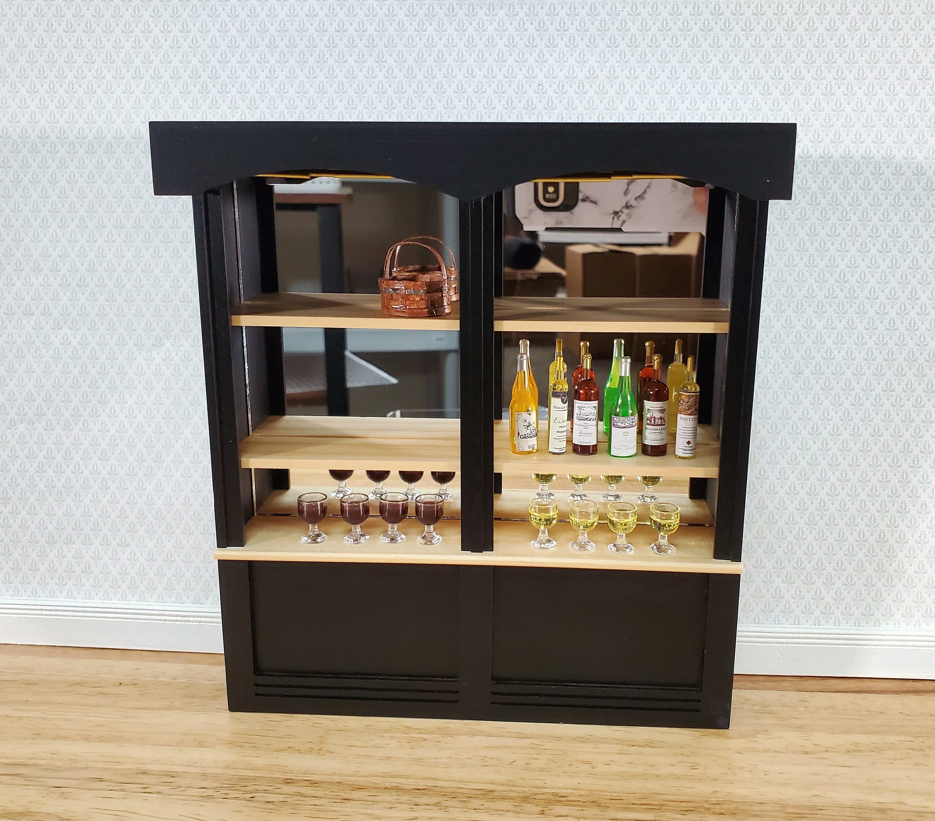 Dollhouse Bar or Shop Shelves Mirrored Back Black & Oak 1:12 Scale Miniature - Image 3