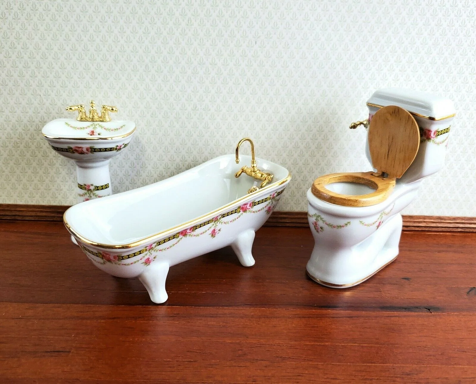 Reutter Porcelain Dollhouse Bathroom Set Victorian Rose 1:12 Scale Tub Sink ++ - Image 3