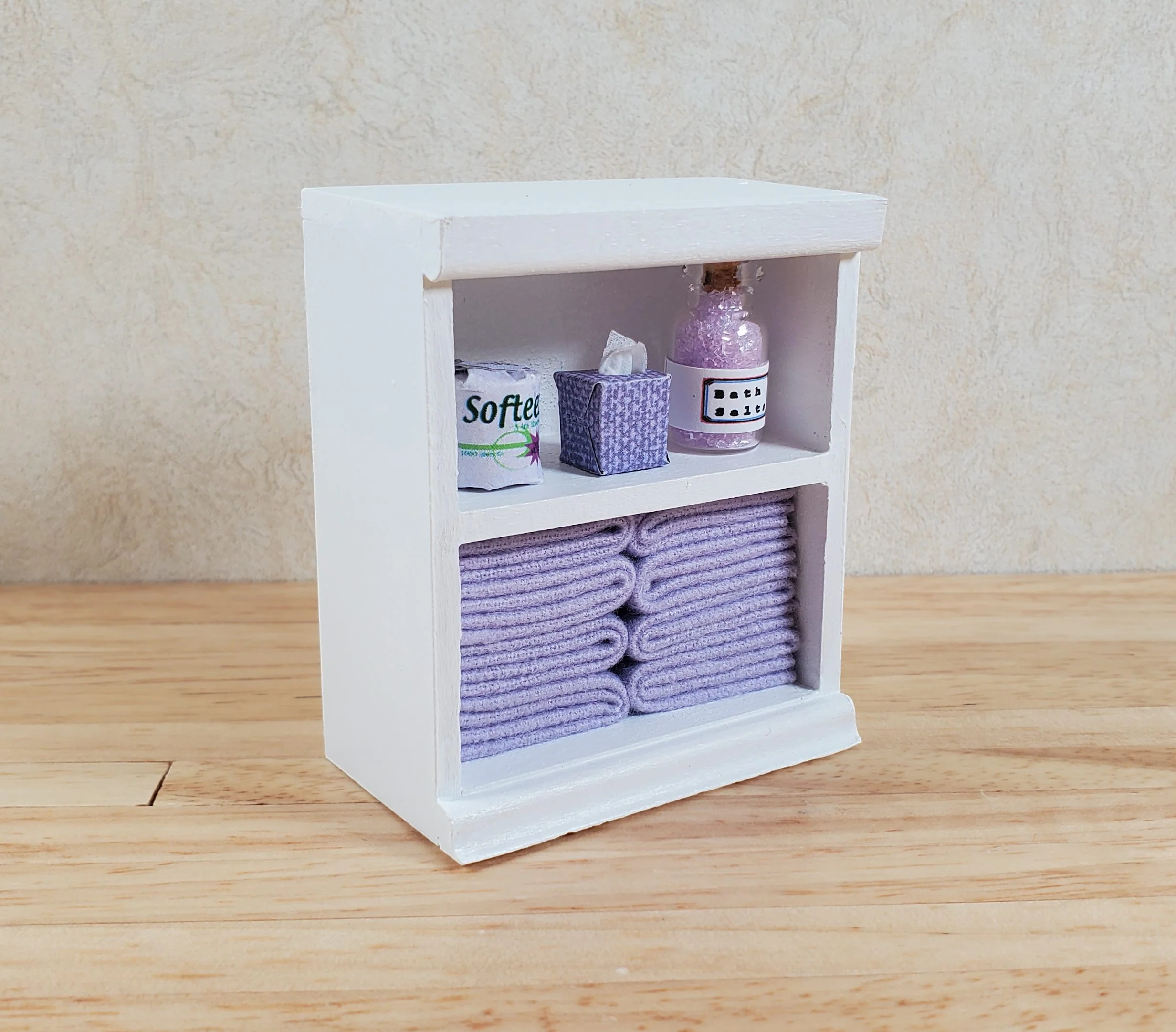 Dollhouse Bathroom Shelf with Purple Towels & Accessories 1:12 Scale Handmade