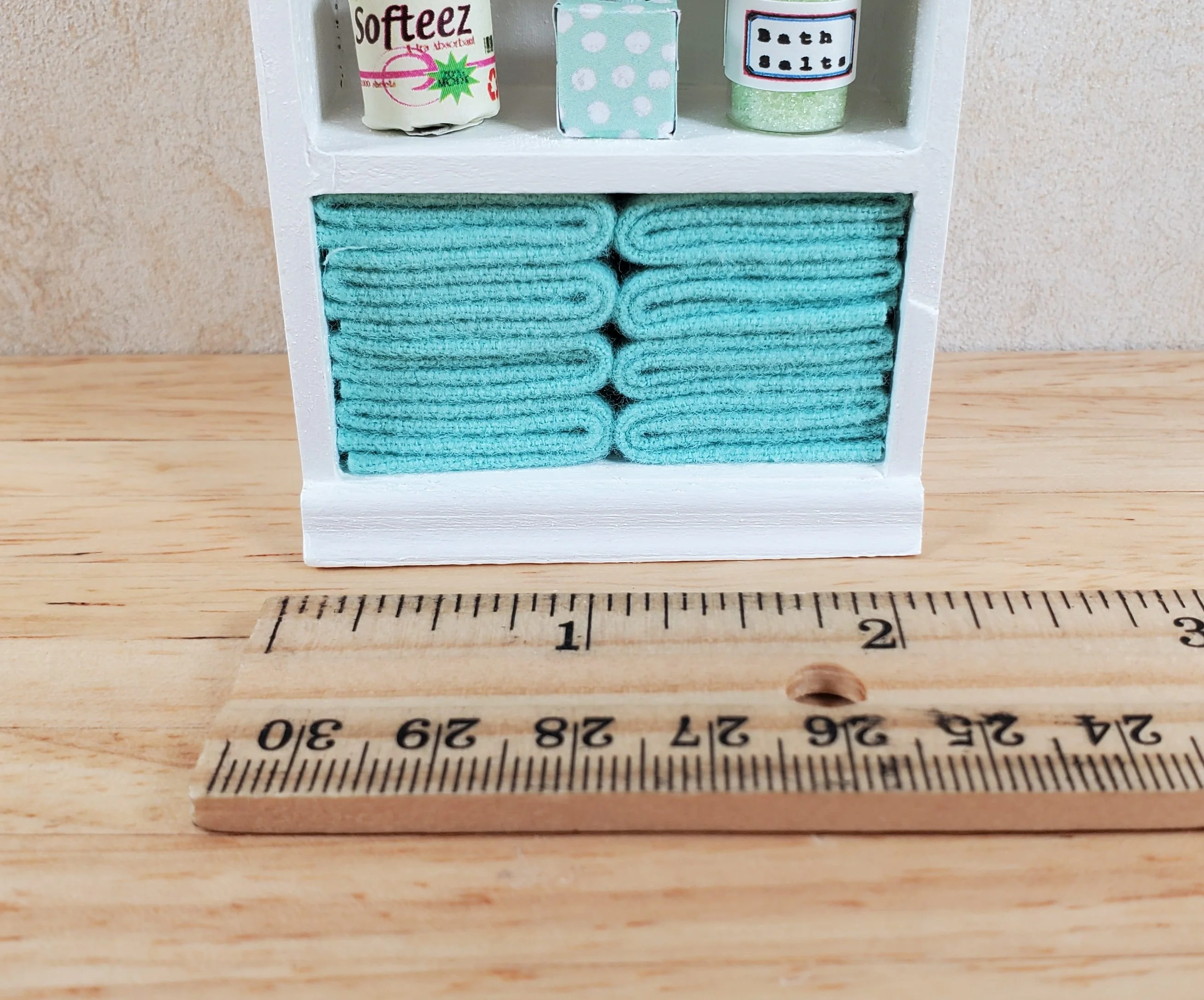 Dollhouse Bathroom Shelf with Teal Towels & Accessories 1:12 Scale Handmade - Image 3