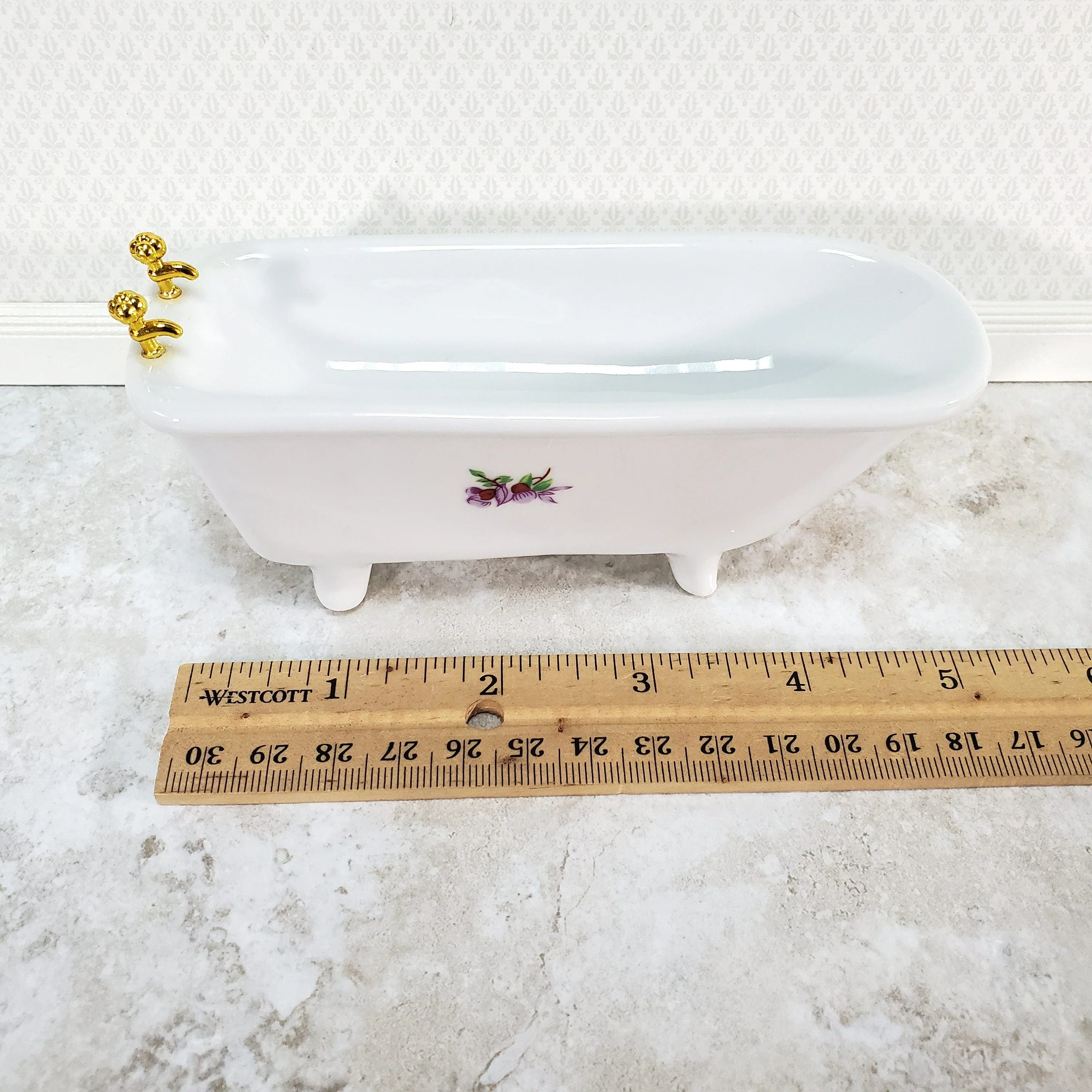 Dollhouse Bathtub White Ceramic with Purple Flowers 1:12 Scale Bathroom Tub - Image 3