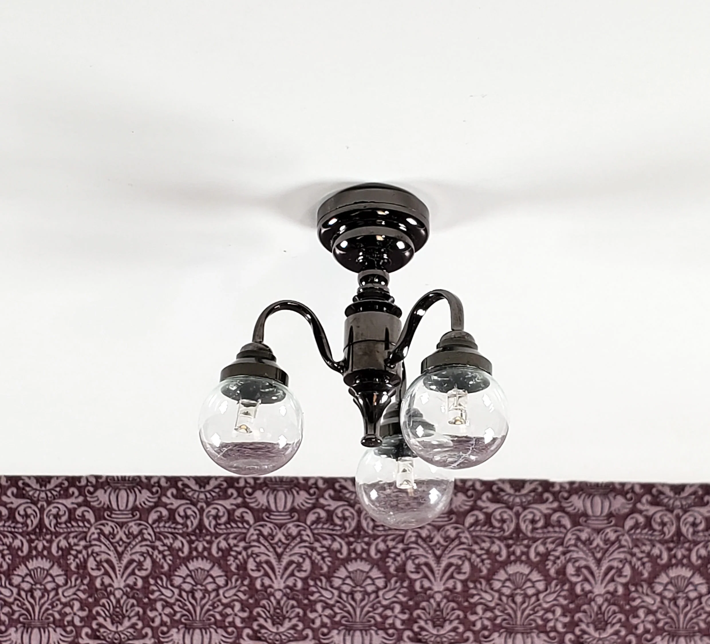 Dollhouse Battery Ceiling Light 3 Arm Globe Chandelier Black Chrome 1:12 Scale - Image 3