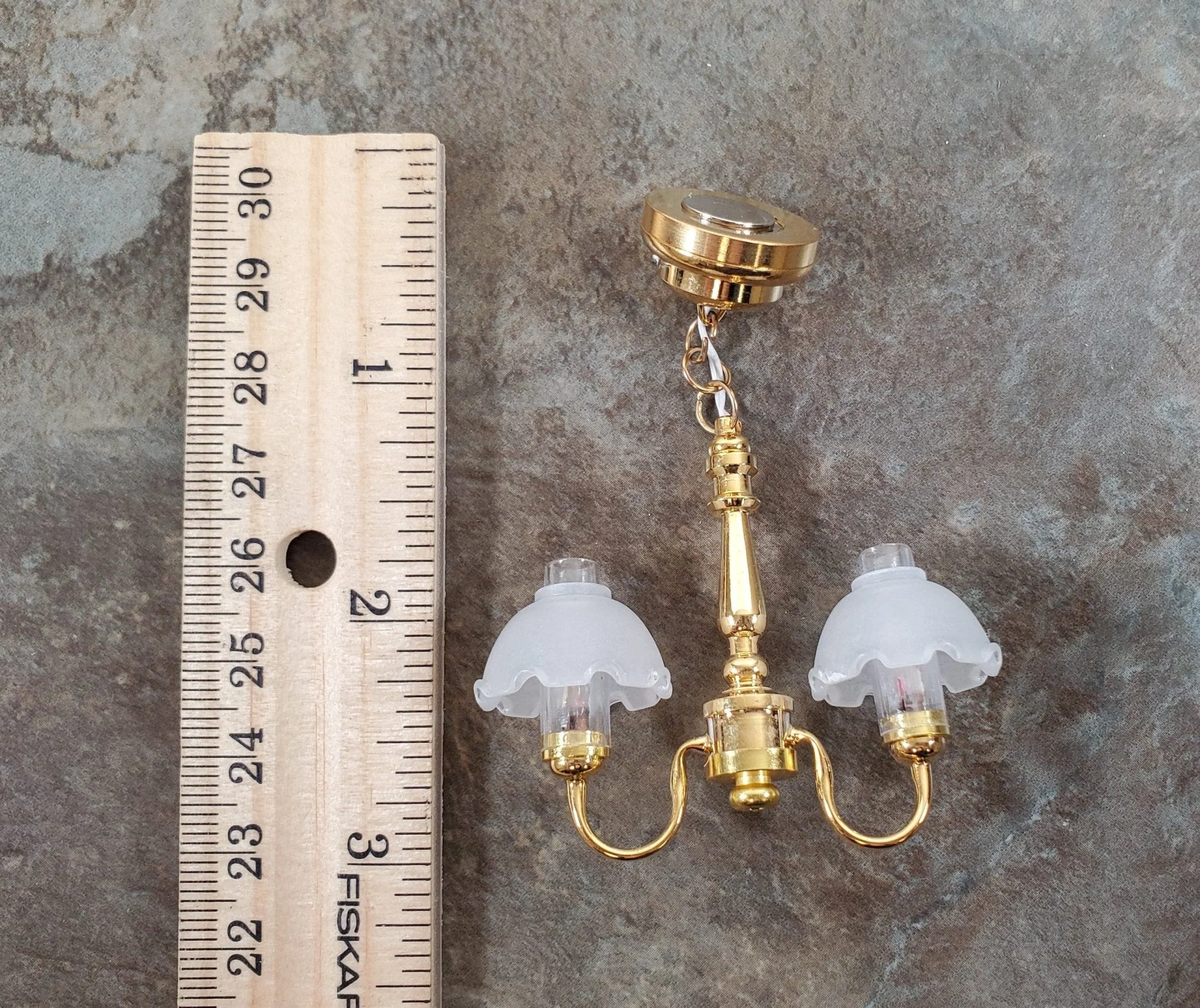 Dollhouse Battery Light 2 Arm Ceiling Chandelier Flower Shades 1:12 Scale - Image 4