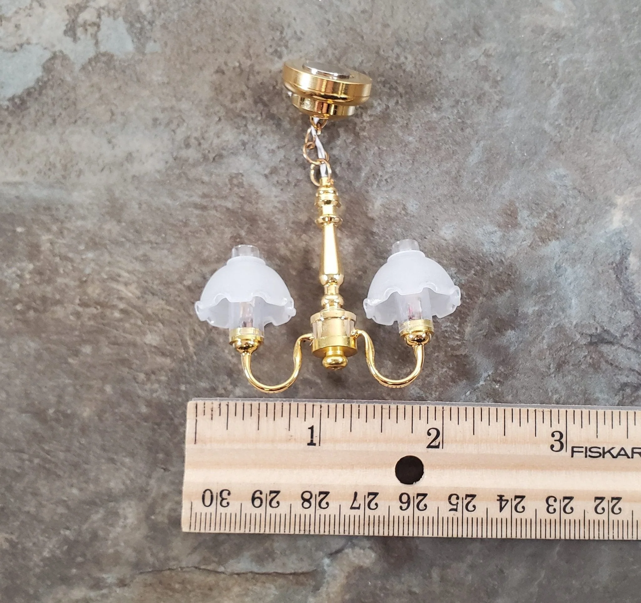 Dollhouse Battery Light 2 Arm Ceiling Chandelier Flower Shades 1:12 Scale - Image 5