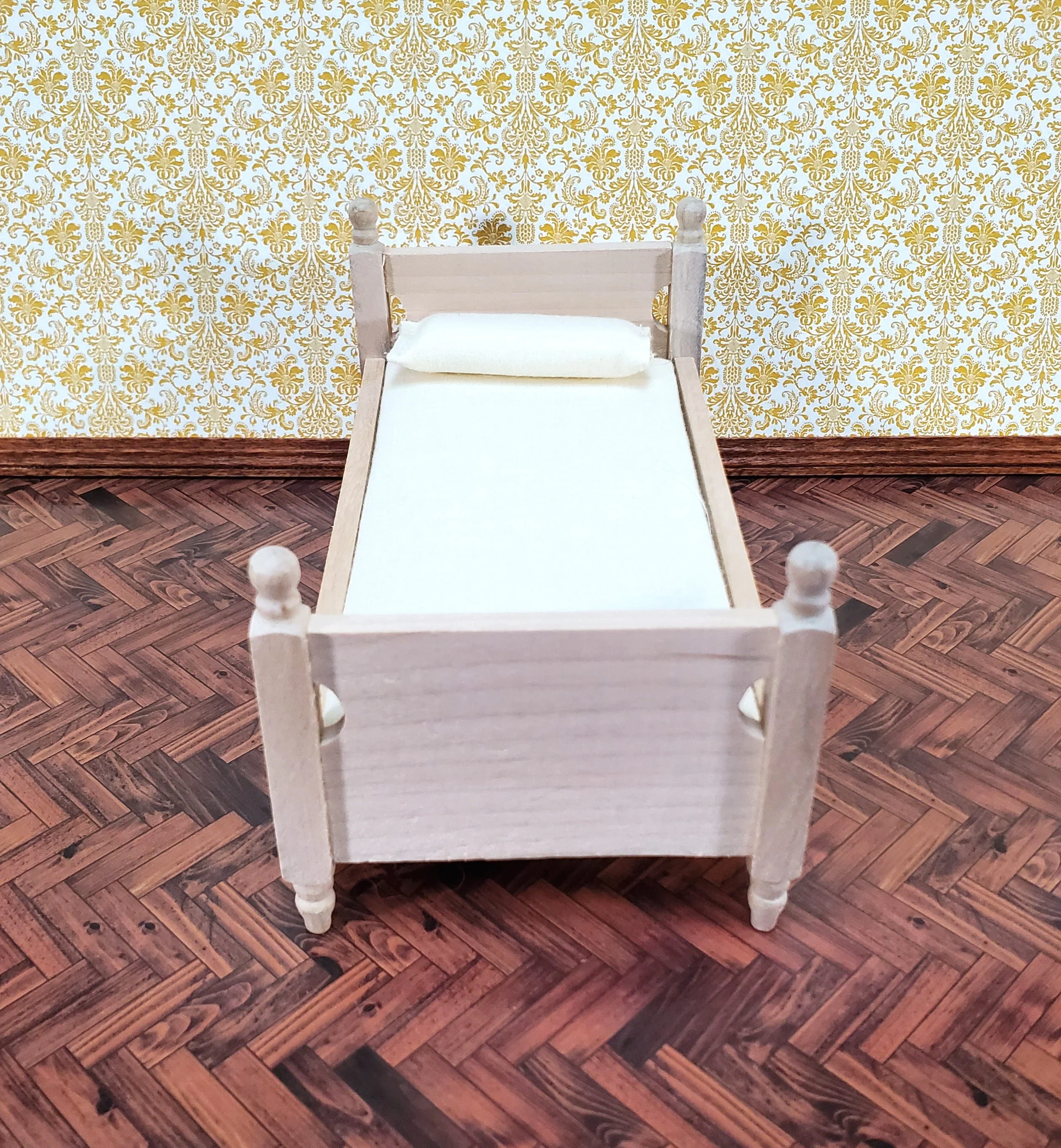 Dollhouse Small Bed Unpainted Wood 1:12 Scale Miniature Bedroom Furniture - Image 3
