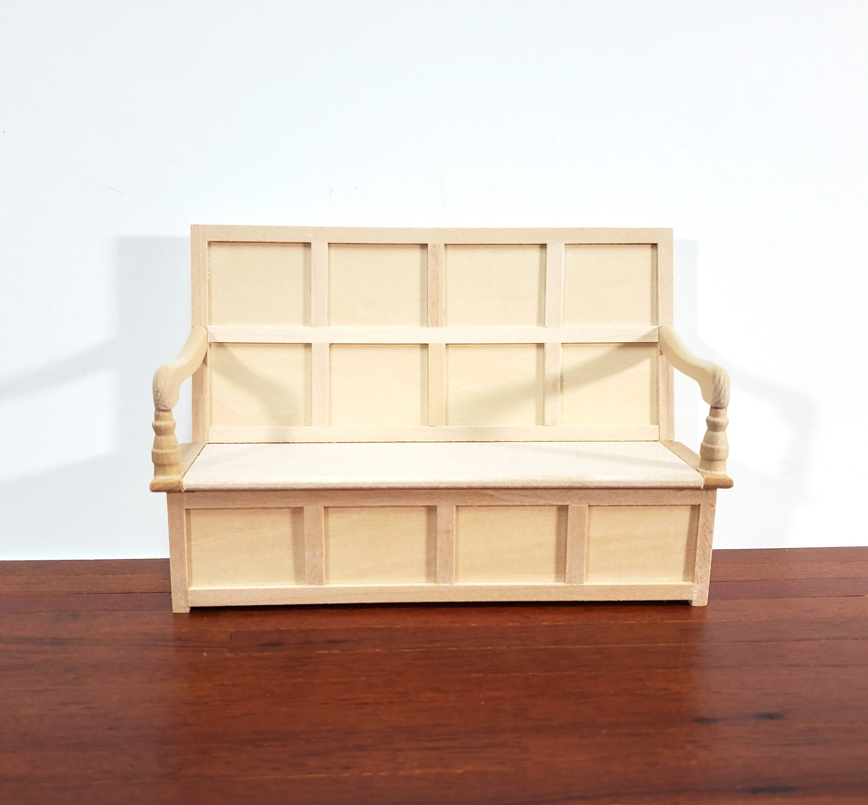 Dollhouse Bench Tudor Gothic Style with High Back Unpainted Wood Open Seat 1:12 Scale Furniture - Image 2