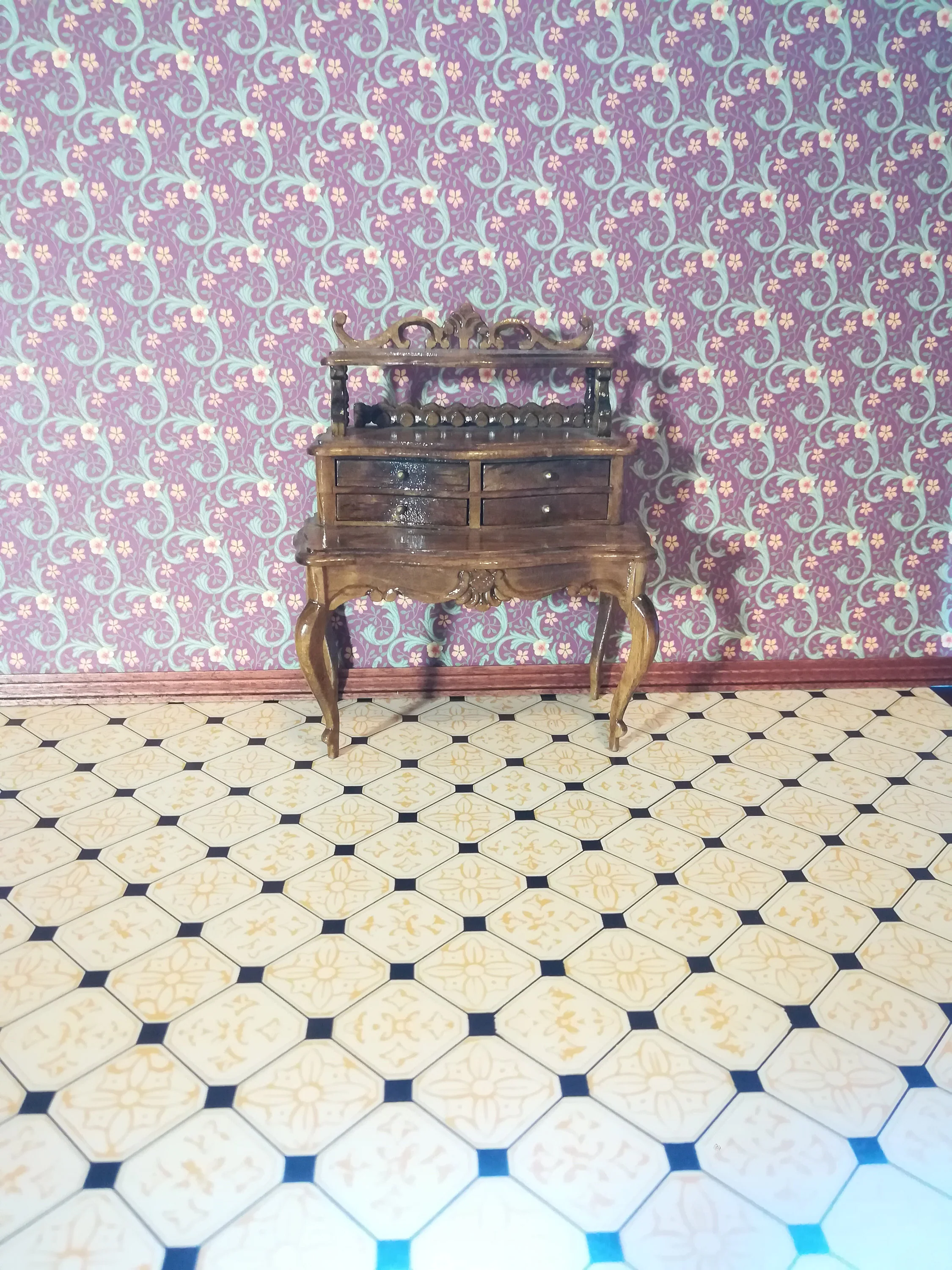 Dollhouse Black & Beige Victorian Faux Tile Floor or Wallpaper Sheet 1:12 Scale - Image 2