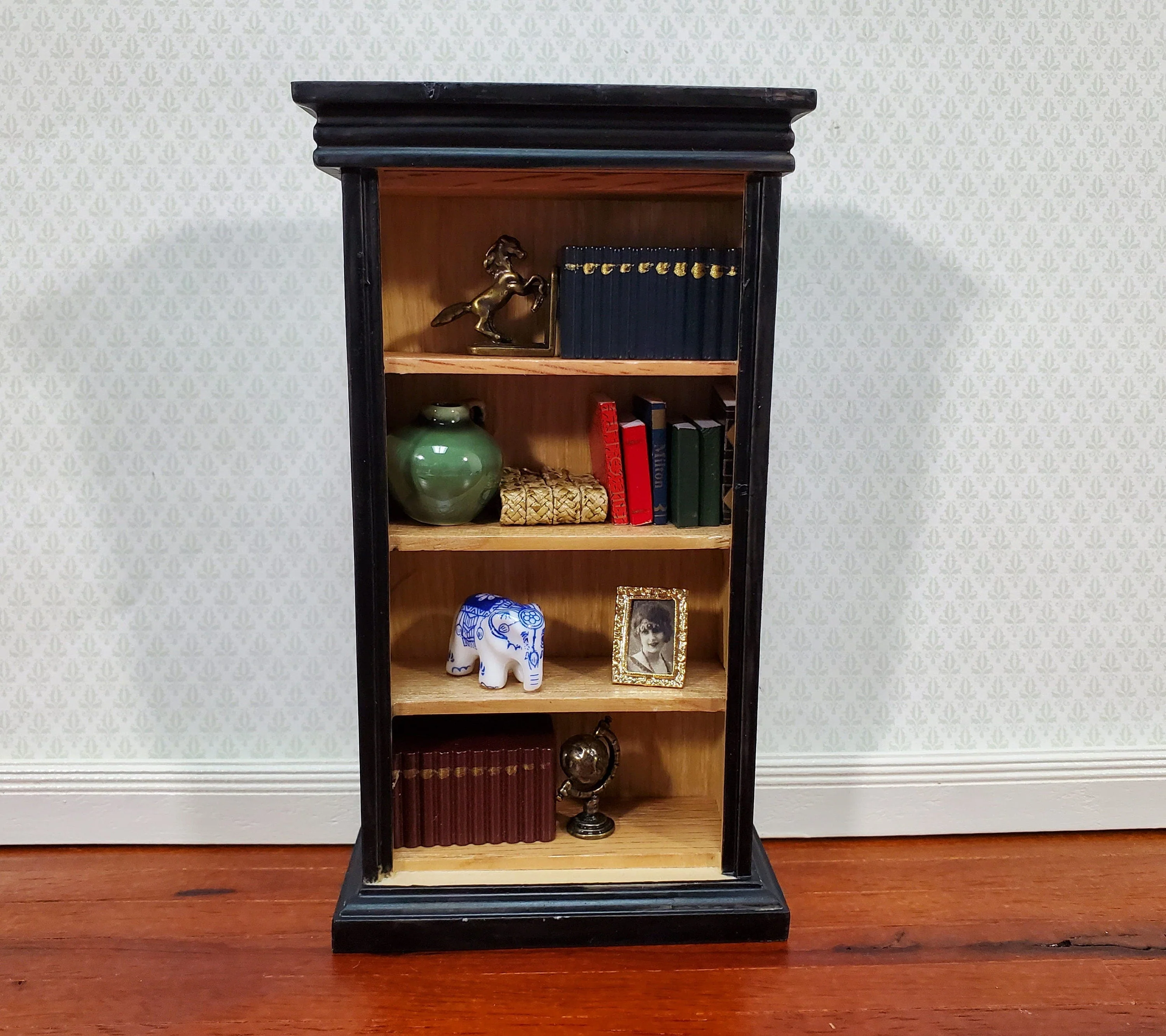 Dollhouse Bookcase 4 Shelves Black & Light Oak Finish 1:12 Scale Furniture Bookshelf - Image 3