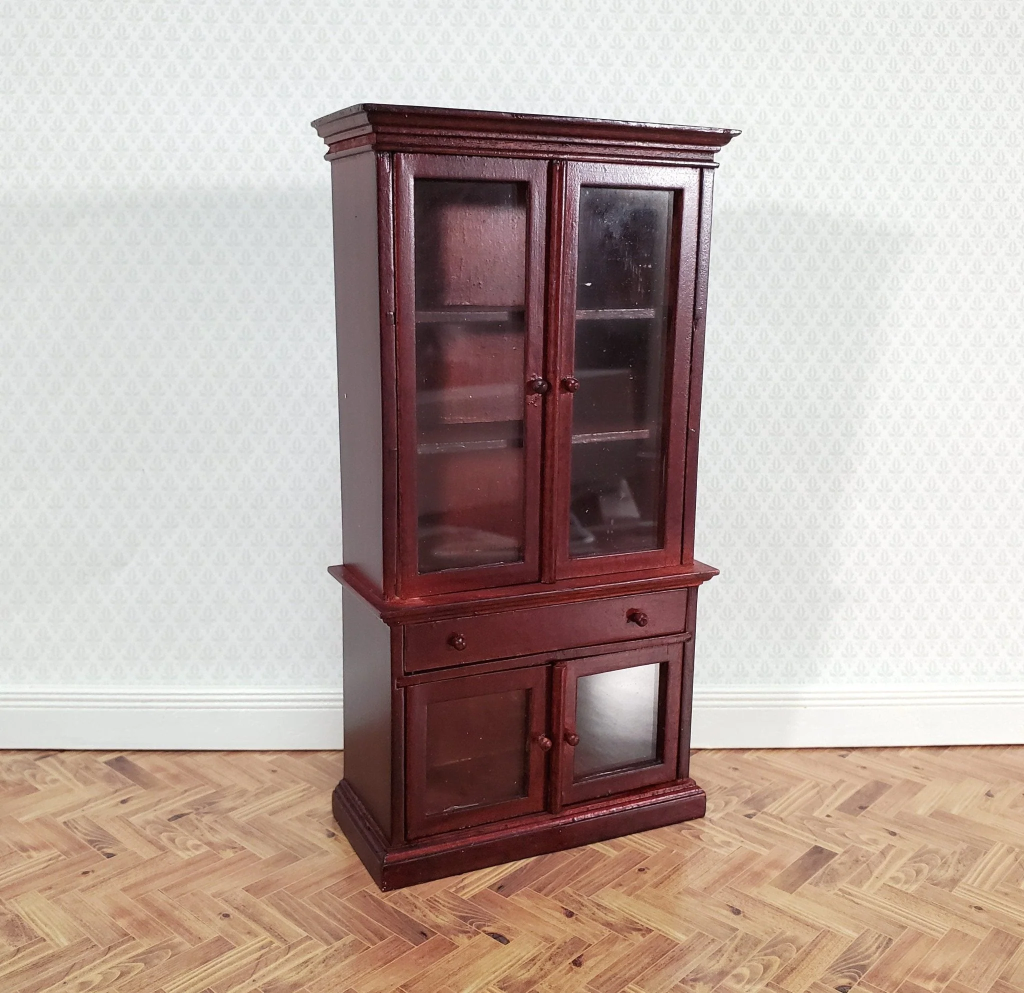 Dollhouse Bookcase Display Cabinet Hutch with Doors Mahogany Finish 1:12 Scale Furniture