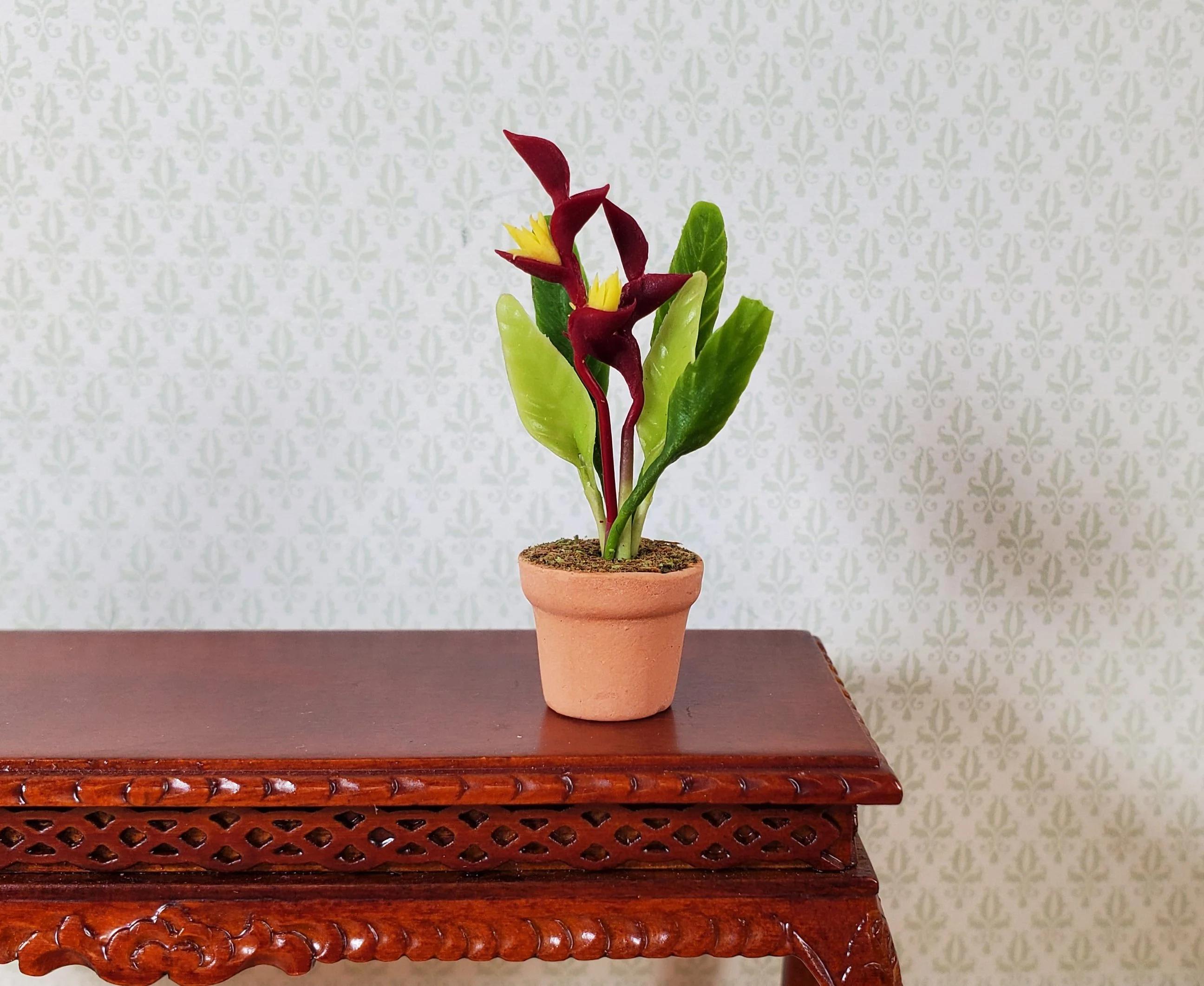 Dollhouse Burgundy and Yellow Heliconia Plant in Terra Cotta Pot 1:12 Scale