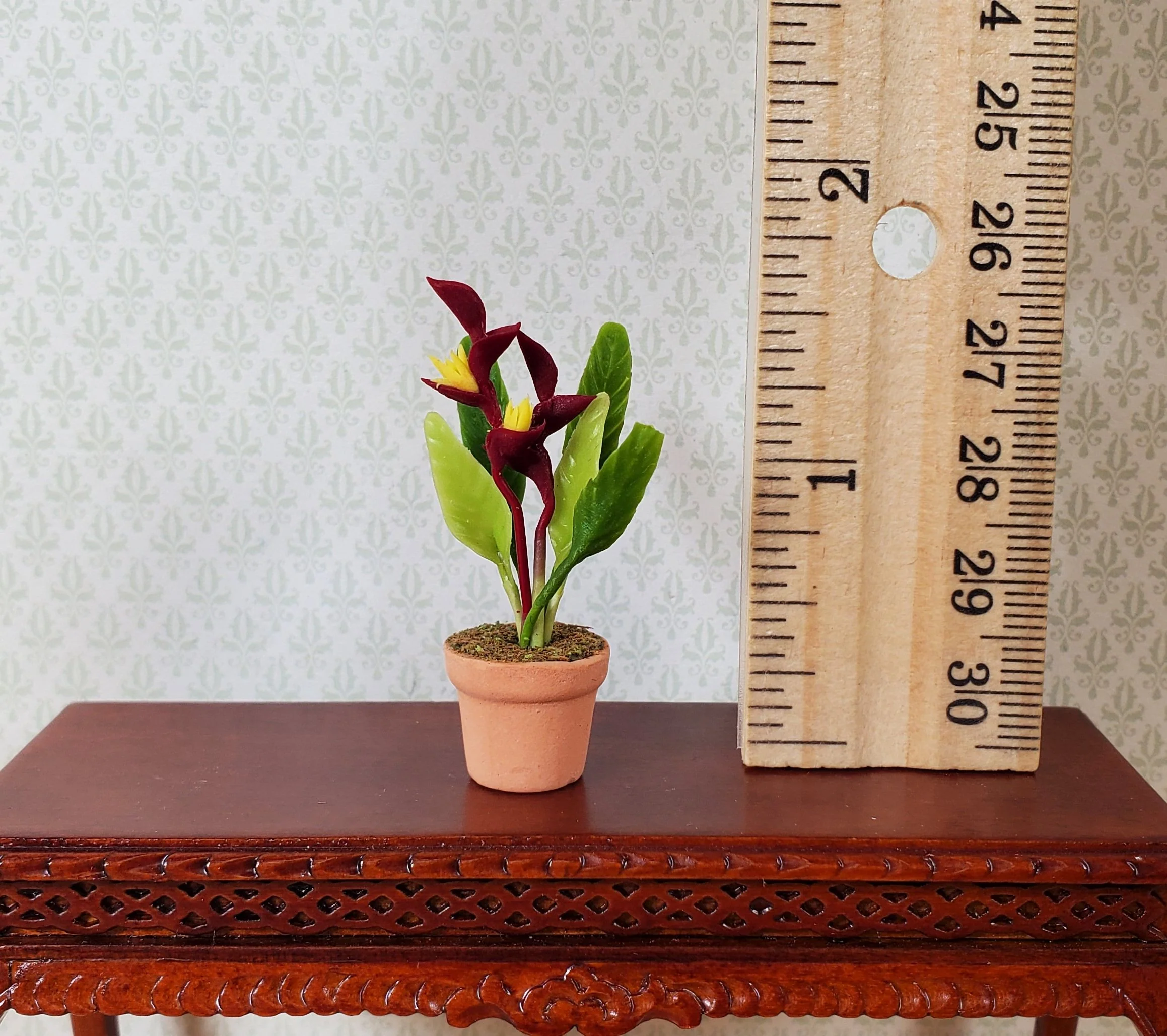 Dollhouse Burgundy and Yellow Heliconia Plant in Terra Cotta Pot 1:12 Scale - Image 3