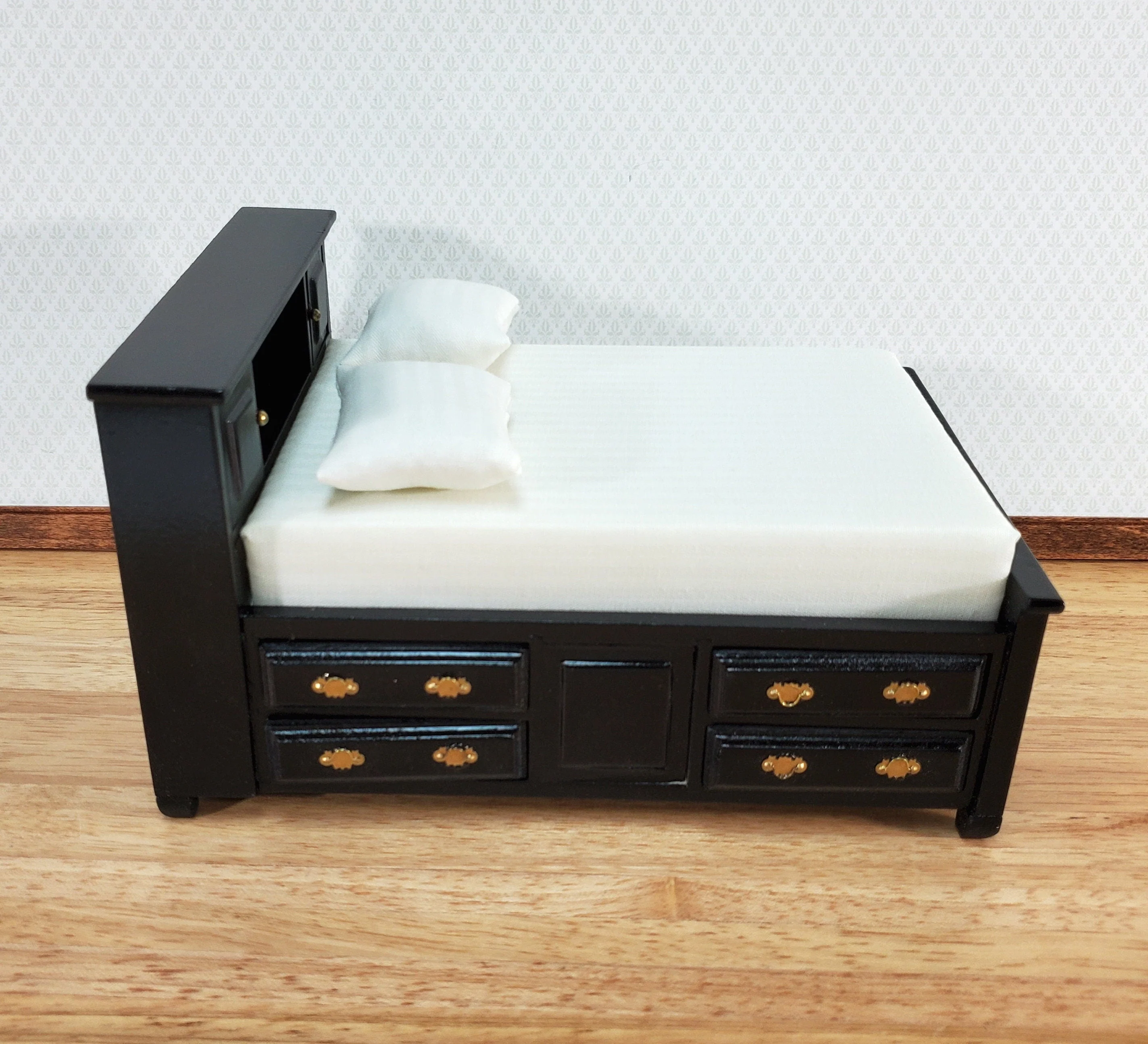 Dollhouse Captain's Bed with Drawers Double Black Finish 1:12 Scale Bedroom Furniture - Image 2