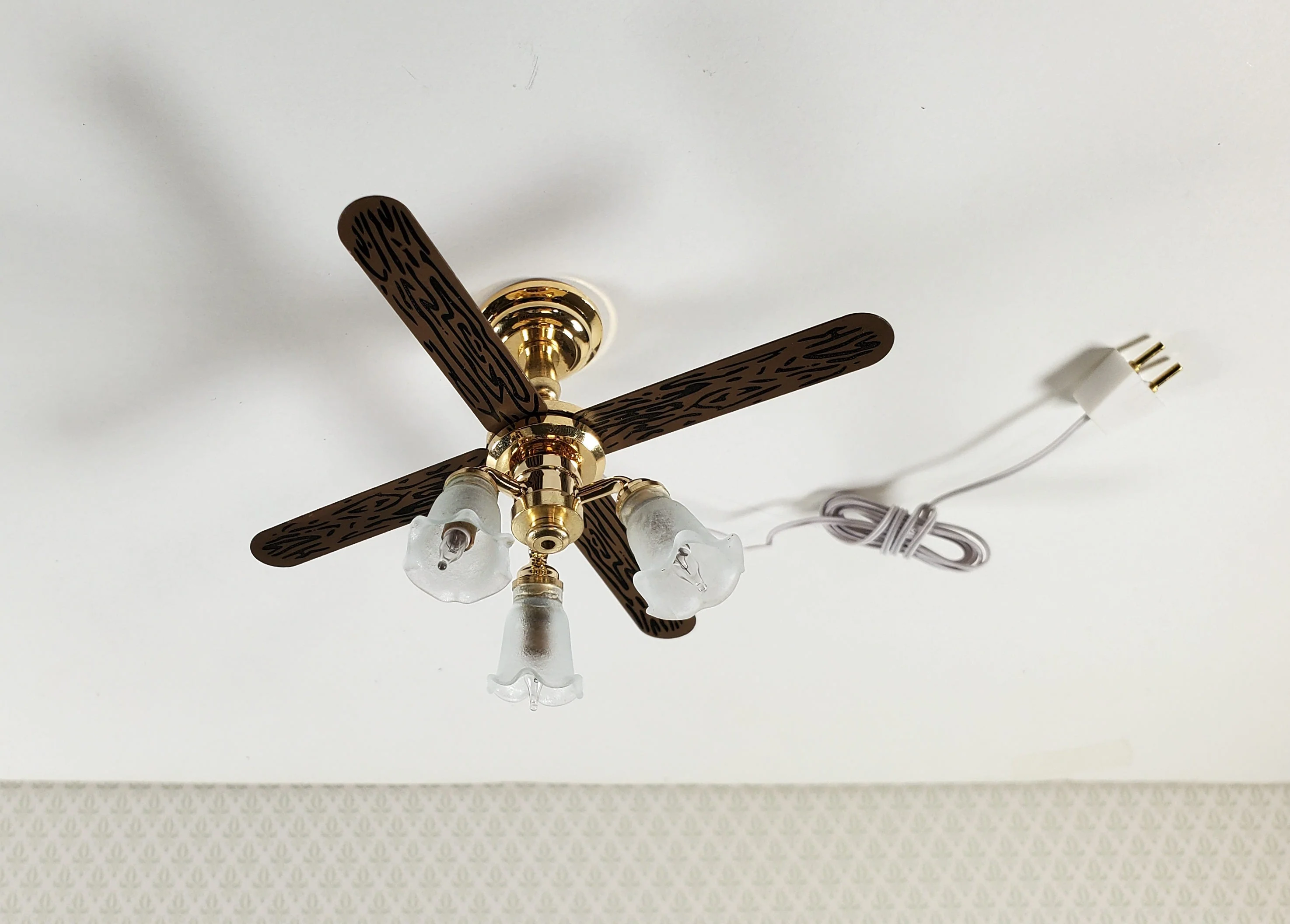Dollhouse Ceiling Fan Light 12 Volt with Plug 1:12 Scale Miniature Tulip Shades - Image 3