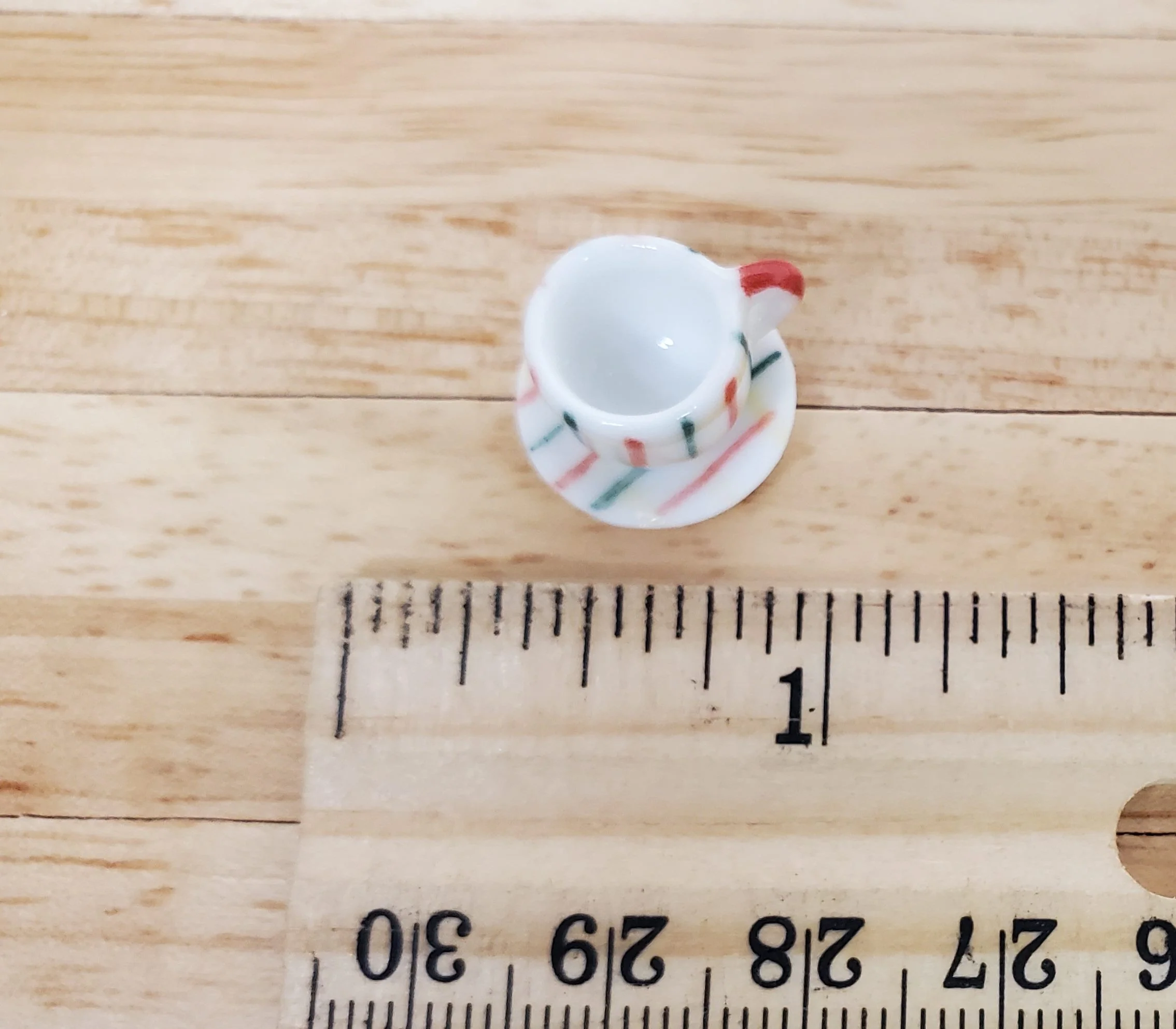 Dollhouse Ceramic Coffee Cup Green Red Stripes Motif 1:12 Scale Miniature - Image 3