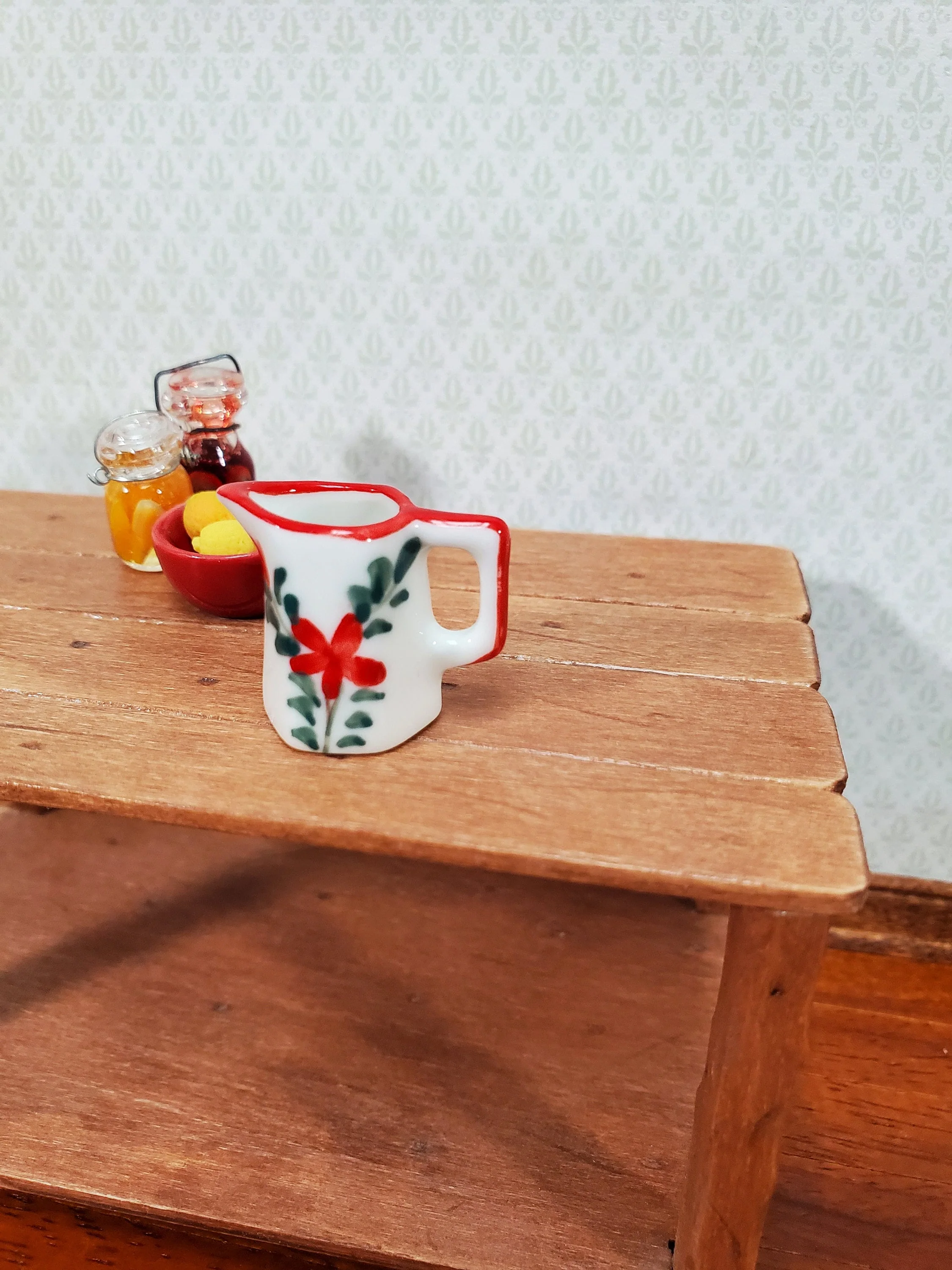 Dollhouse Ceramic Pitcher White Green Red Floral Design with Handle 1:12 Scale - Image 3