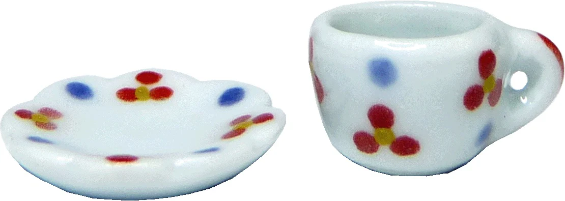 Dollhouse Ceramic Teacup with Saucer Red & Blue Dots 1:12 Scale Miniature Dish