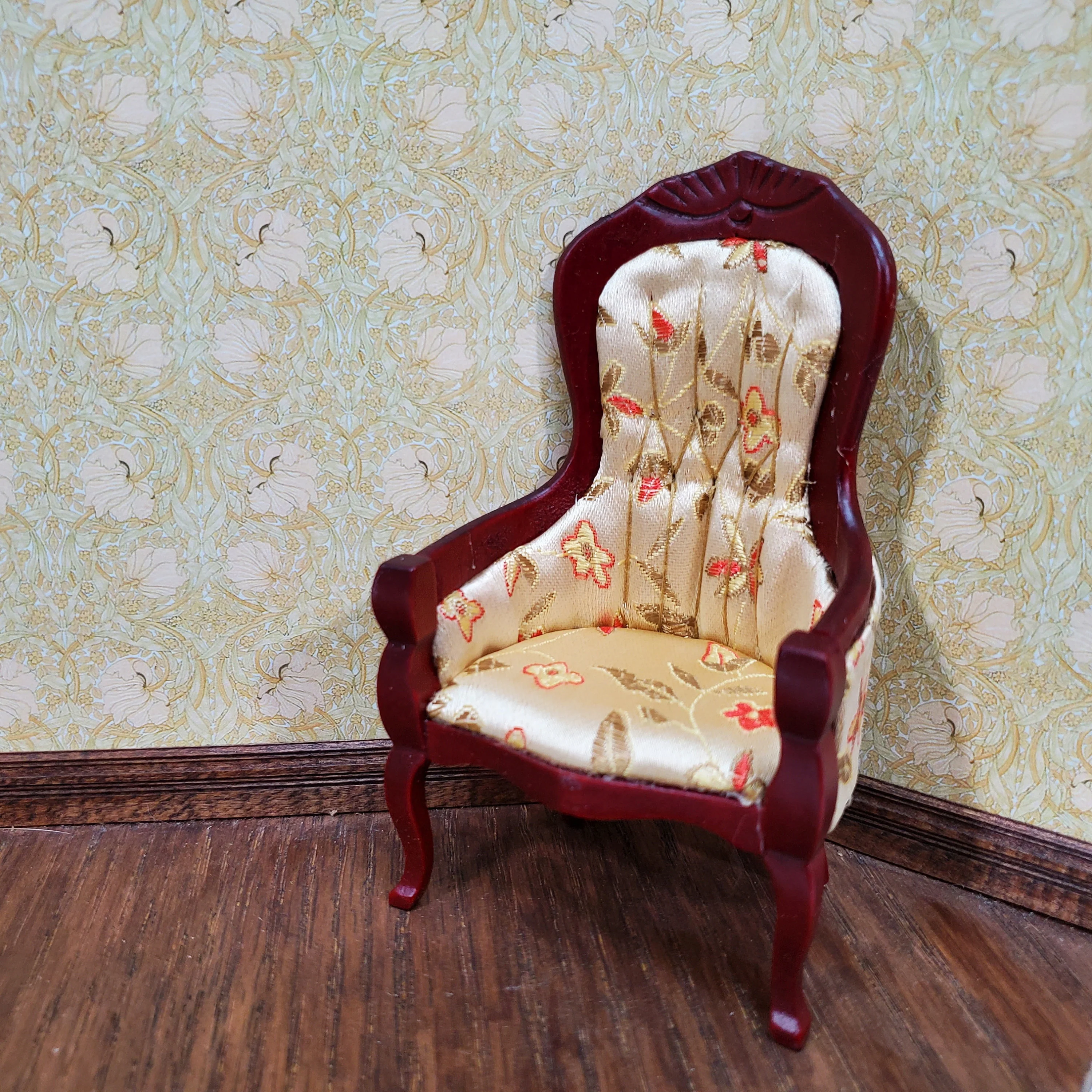Dollhouse Chair Victorian Style Gold Floral Print 1:12 Miniature Mahogany Finish - Image 2