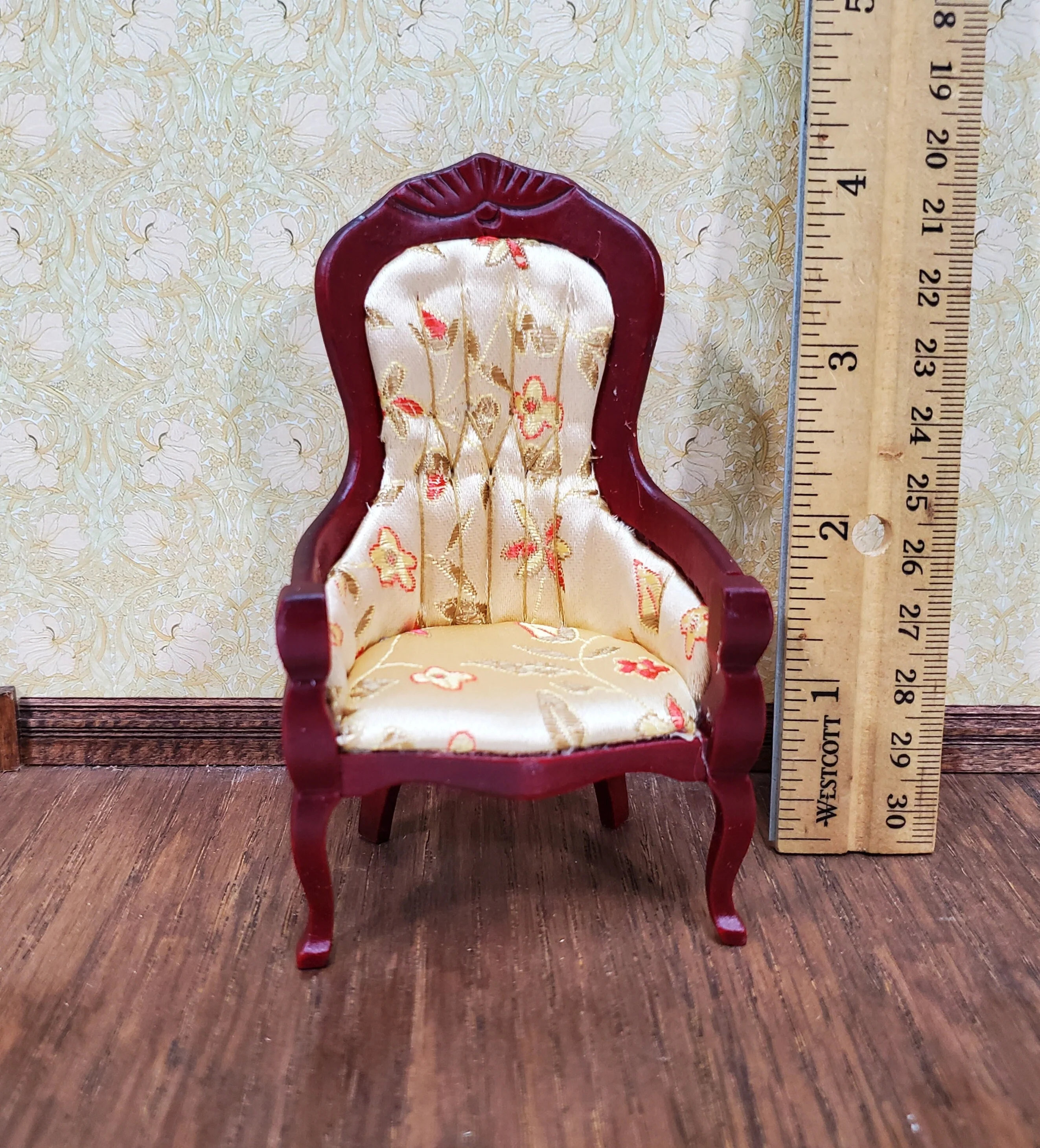 Dollhouse Chair Victorian Style Gold Floral Print 1:12 Miniature Mahogany Finish - Image 5