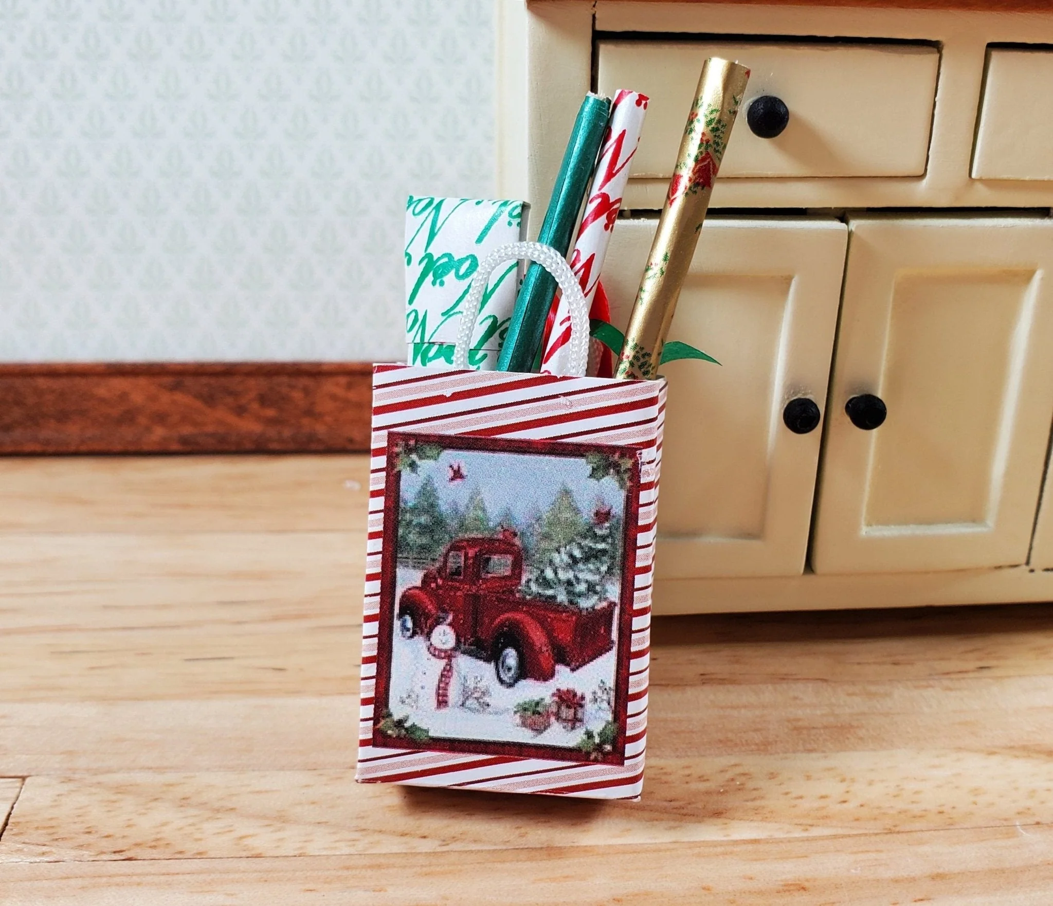 Dollhouse Christmas Holiday Shopping Bag Wrapping Paper Red Truck 1:12 Scale - Image 3