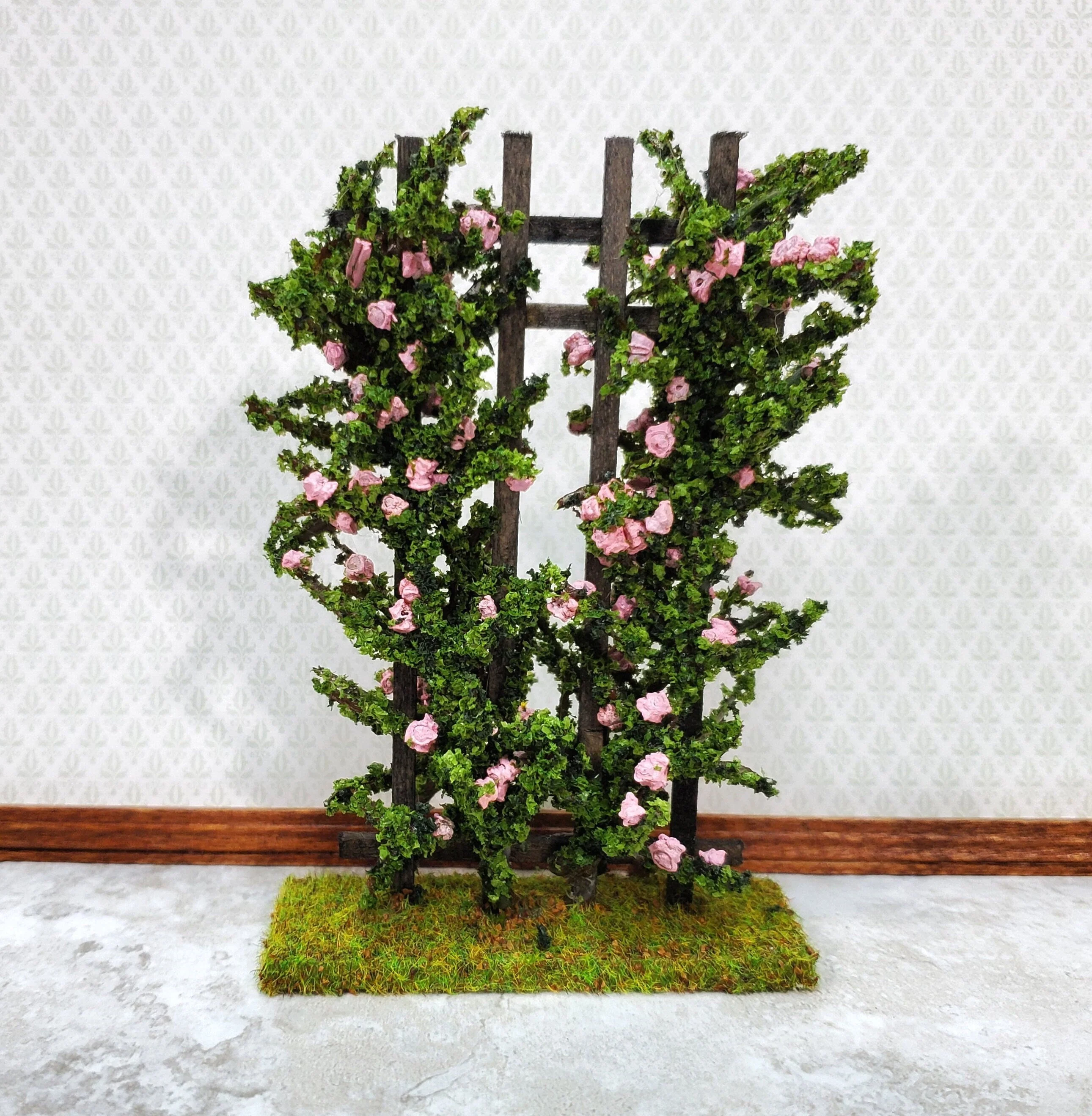Dollhouse Climbing Roses on Trellis Pink Flowering Shrub 1:12 Scale Miniature