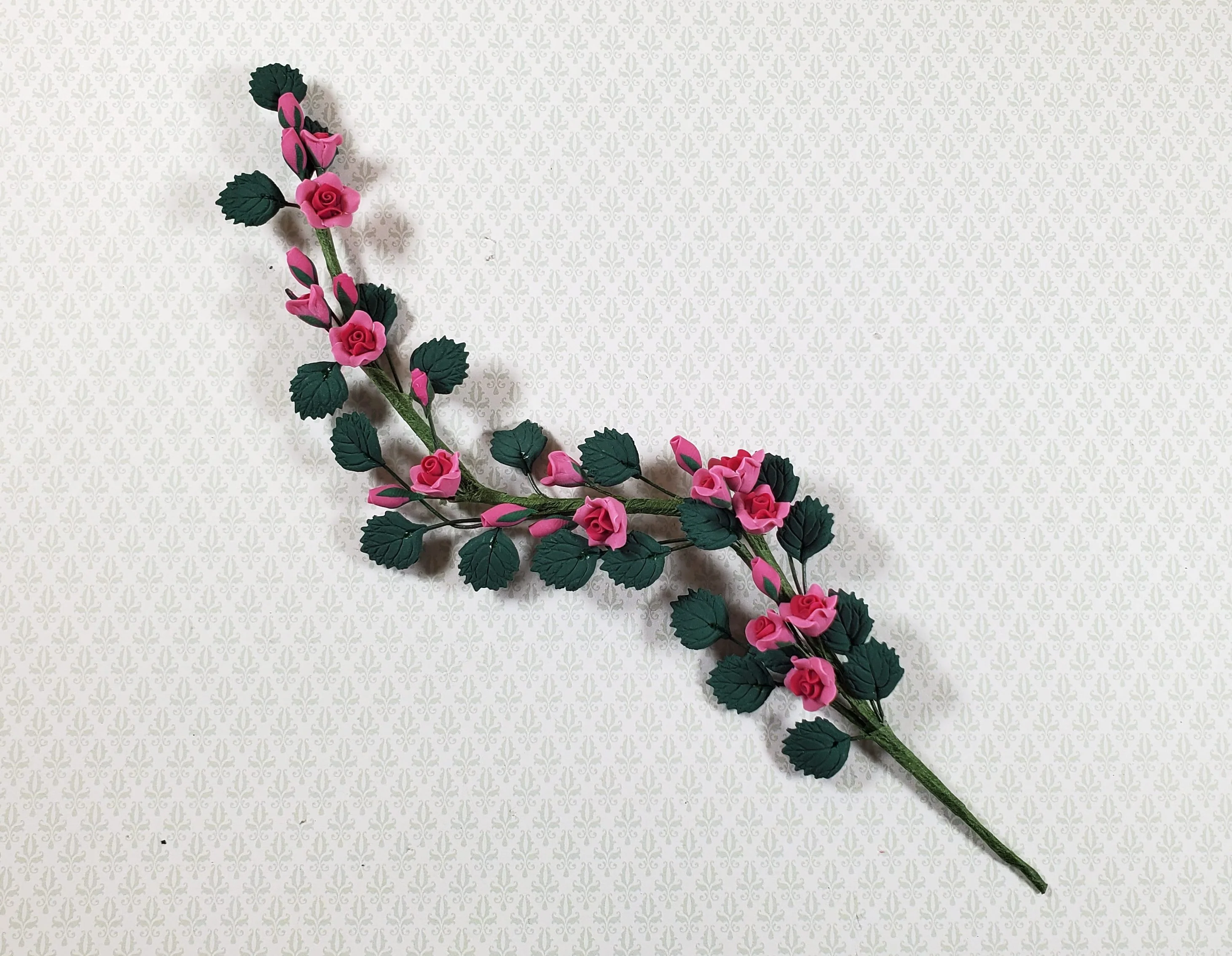 Dollhouse Climbing Roses with Leaves Pink Bendable 7" Clay Miniature Flowers Garden