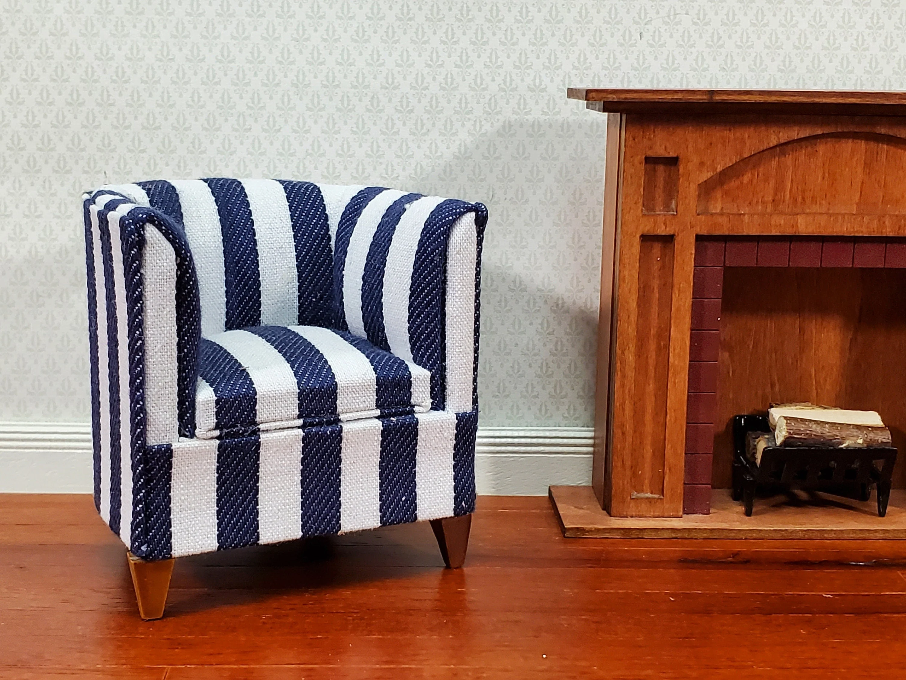 Dollhouse Club Chair Navy & White Wide Striped Modern Style 1:12 Scale Miniature Furniture - Image 3