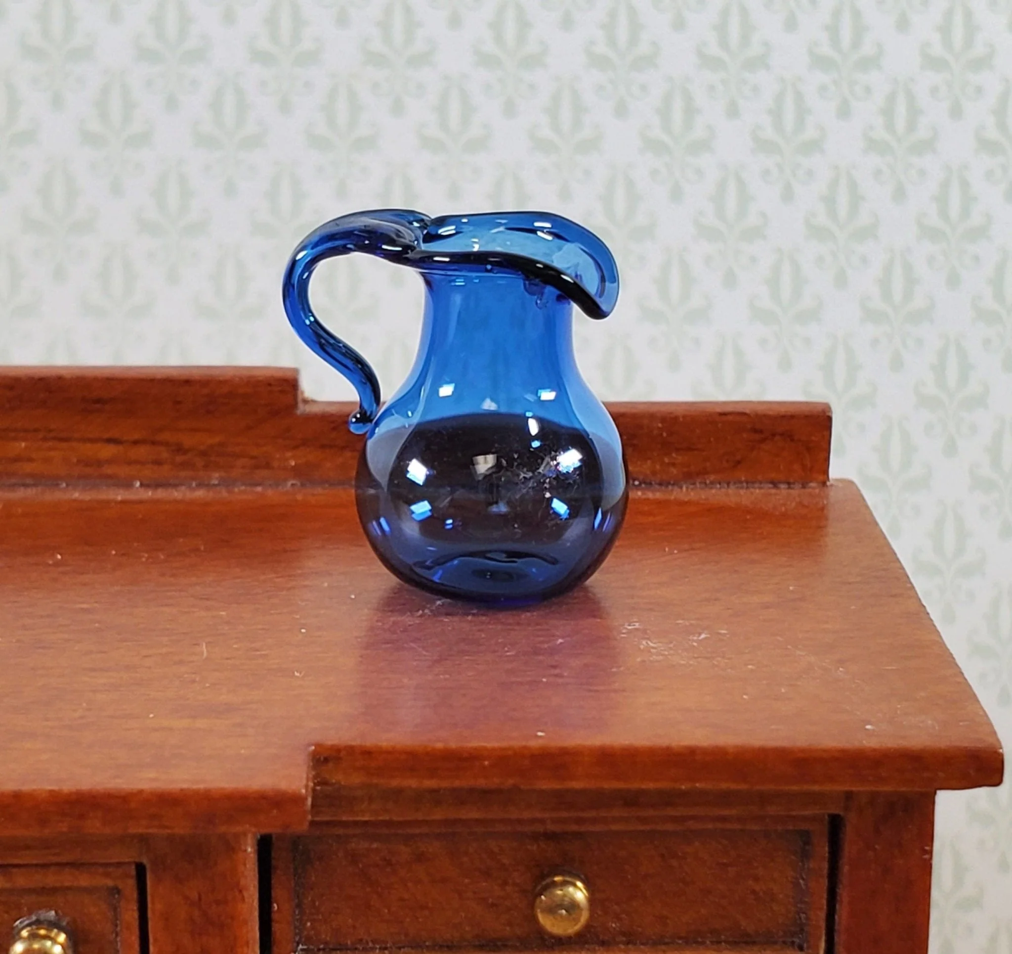 Dollhouse Cobalt Blue Pitcher Small Glass Carafe with Handle 1:12 Miniature