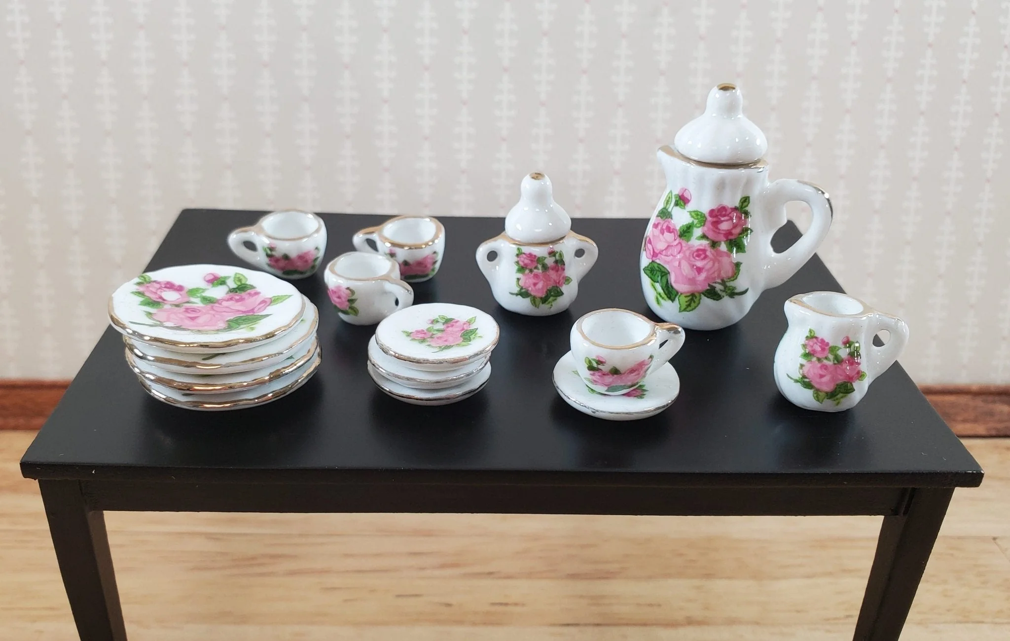 Dollhouse Coffee Set Dinner Plates "English Rose" Ceramic 1:12 Scale Miniature