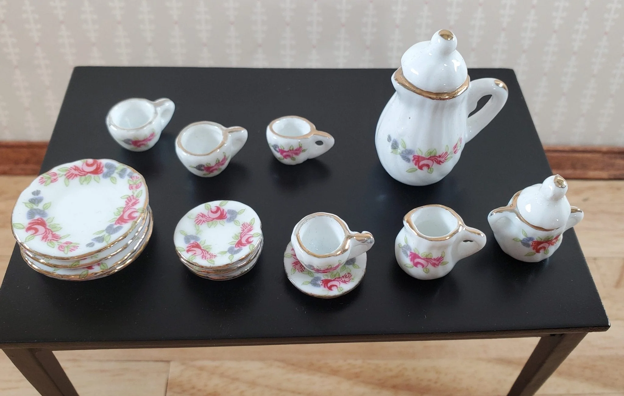 Dollhouse Coffee Set Dinner Plates Pink Roses Ceramic 1:12 Scale Miniature - Image 4