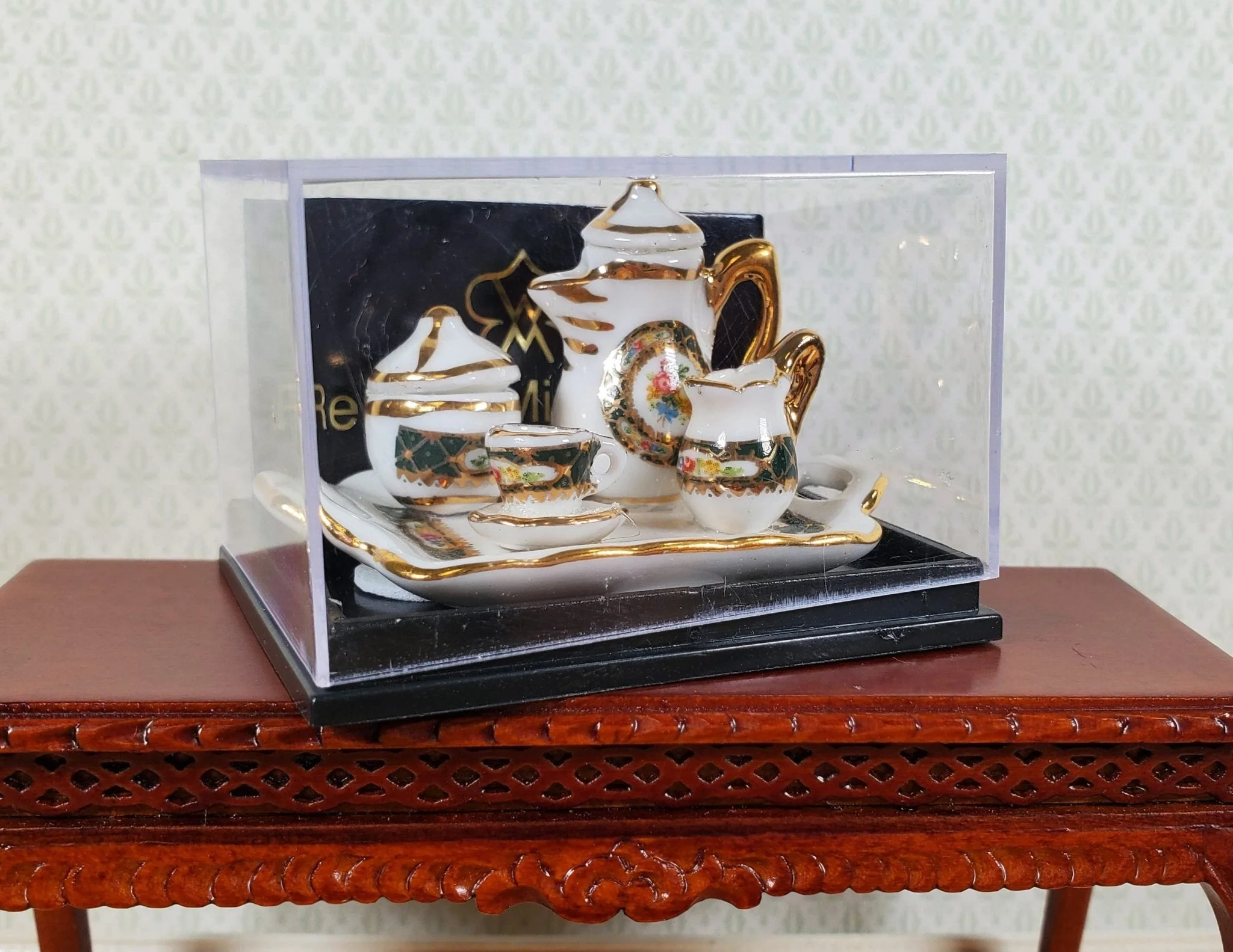 Dollhouse Coffee Set "Irish Gold" on Serving Tray Reutter Porcelain 1:12 Scale - Image 3