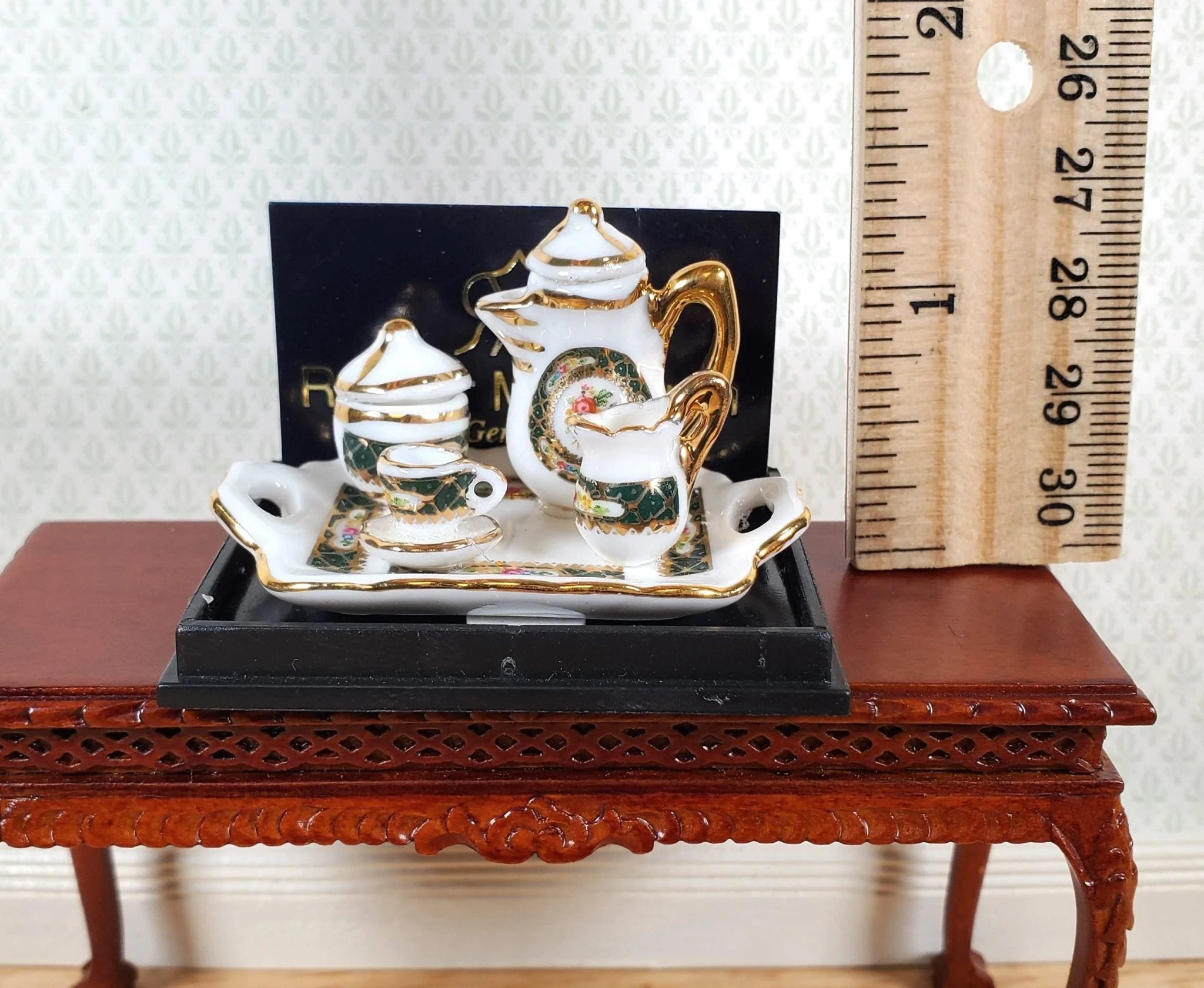 Dollhouse Coffee Set "Irish Gold" on Serving Tray Reutter Porcelain 1:12 Scale - Image 4