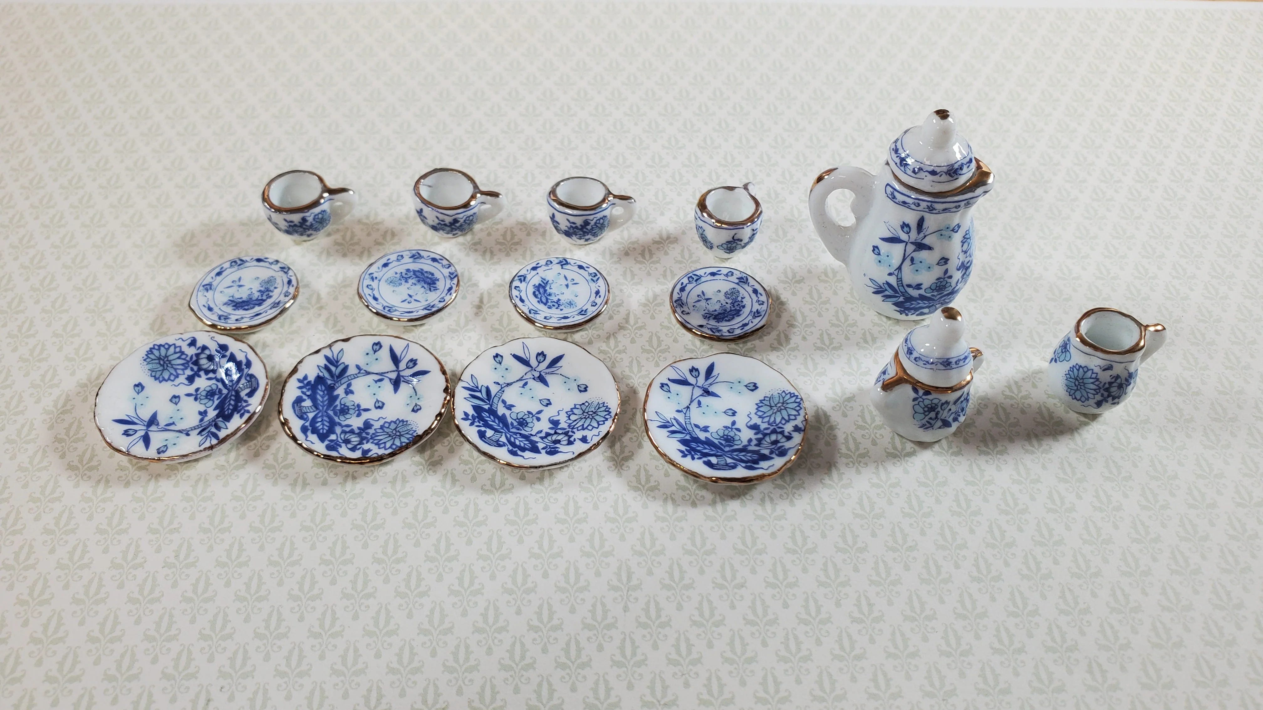 Dollhouse Coffee Set with Plates Blue White Floral Ceramic 1:12 Scale Miniature - Image 3