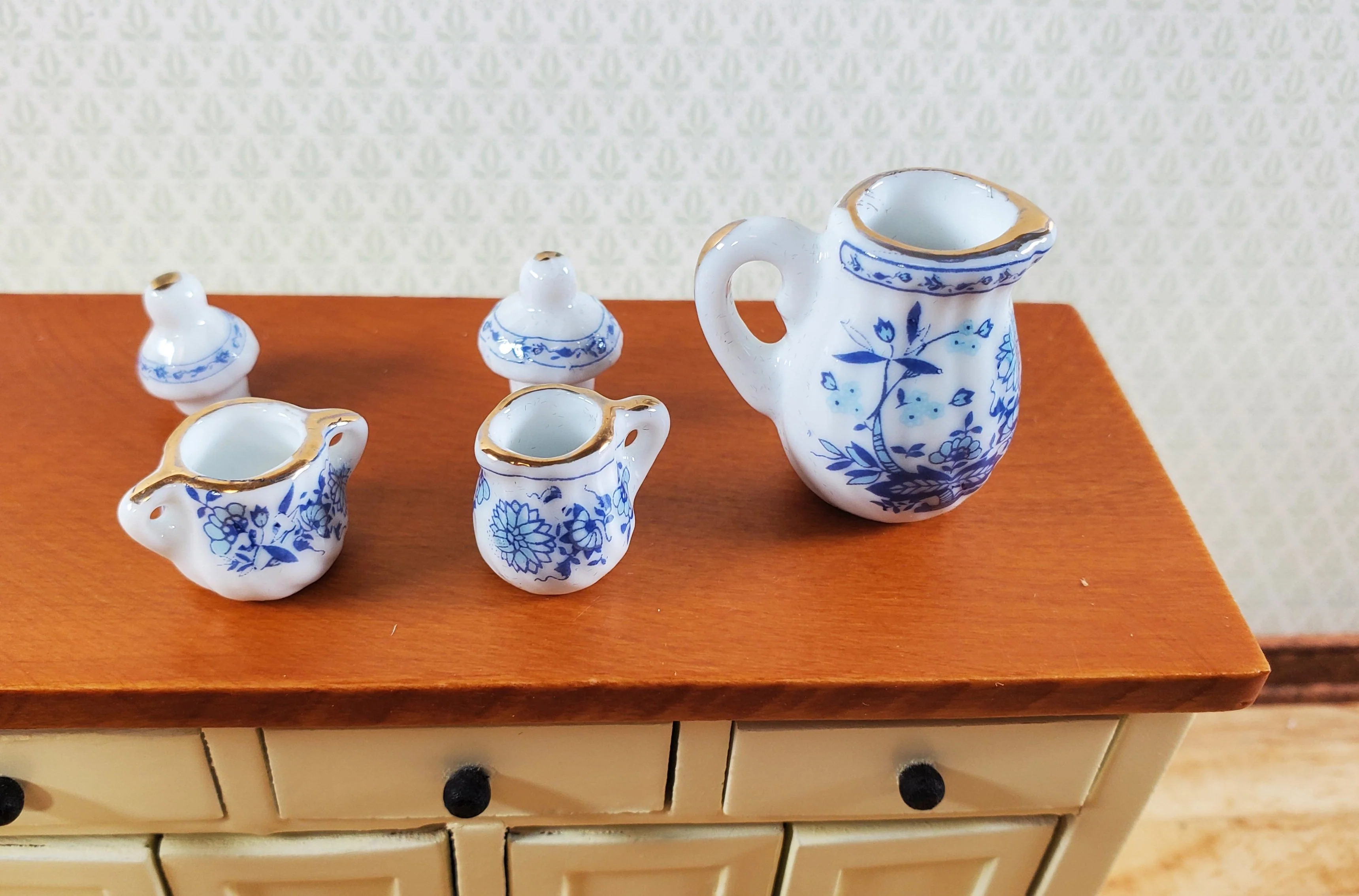 Dollhouse Coffee Set with Plates Blue White Floral Ceramic 1:12 Scale Miniature - Image 4